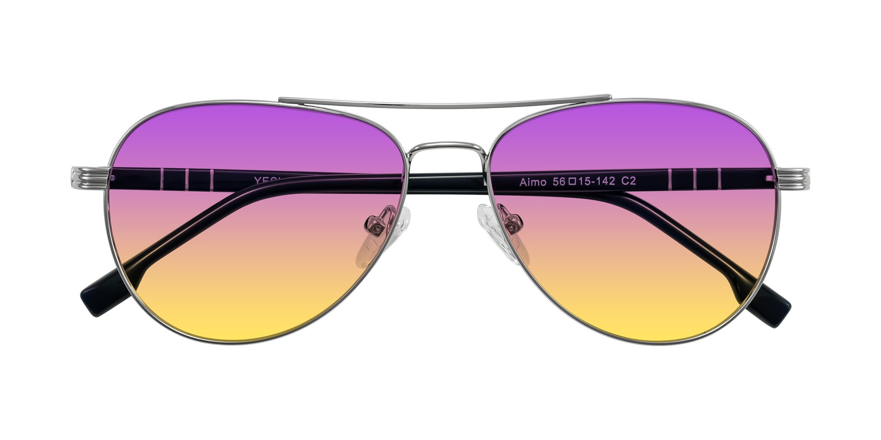 Folded Front of Aimo in Silver/Dark Blue with Purple / Yellow Gradient Lenses