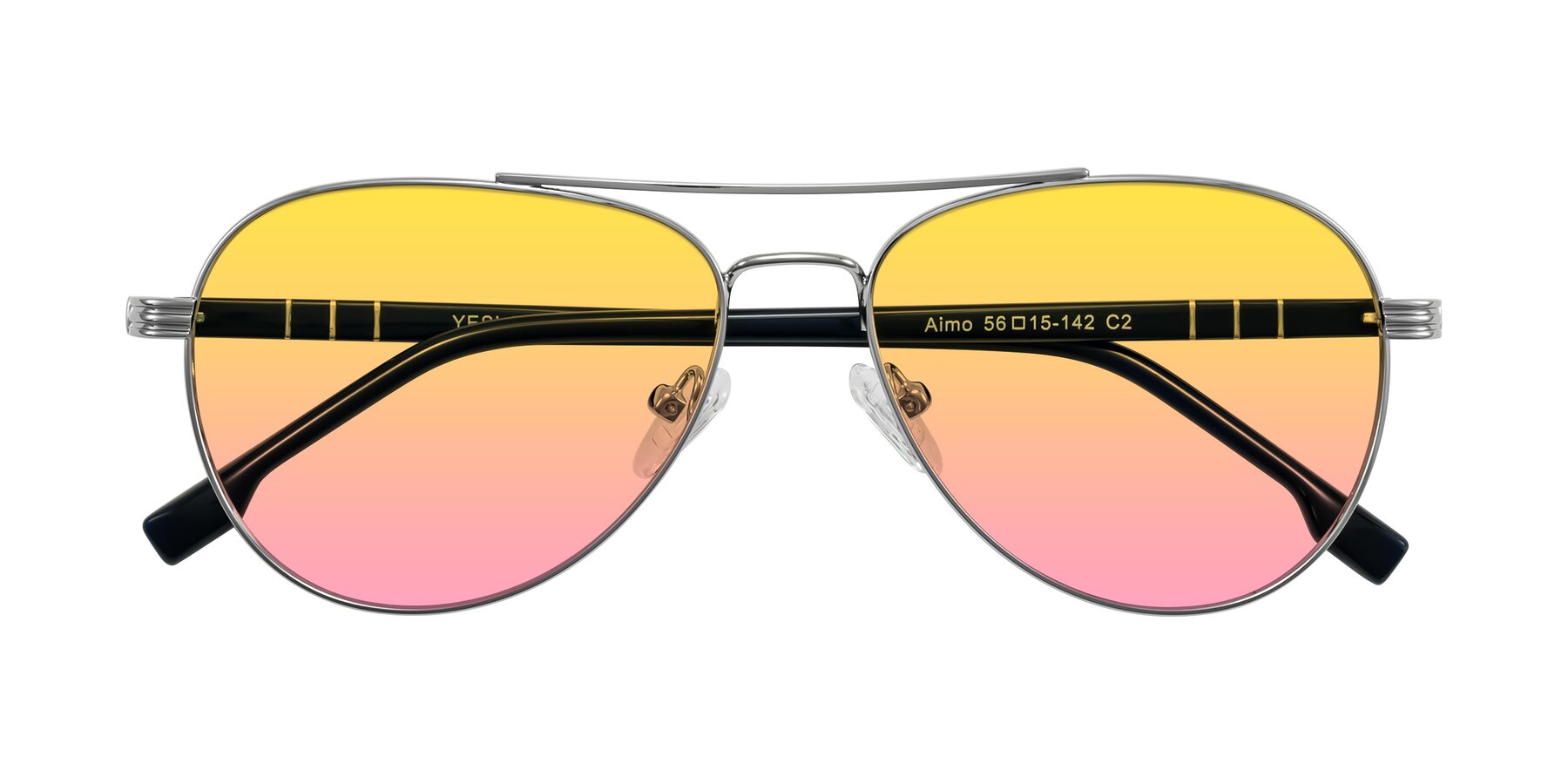 Folded Front of Aimo in Silver/Dark Blue with Yellow / Pink Gradient Lenses