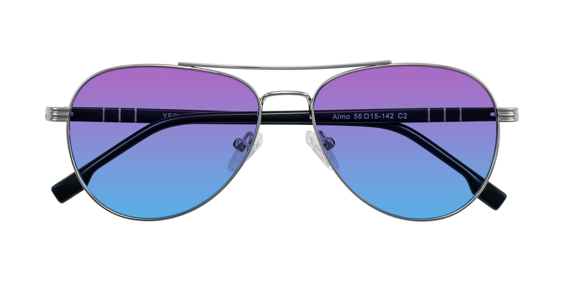 Folded Front of Aimo in Silver/Dark Blue with Purple / Blue Gradient Lenses
