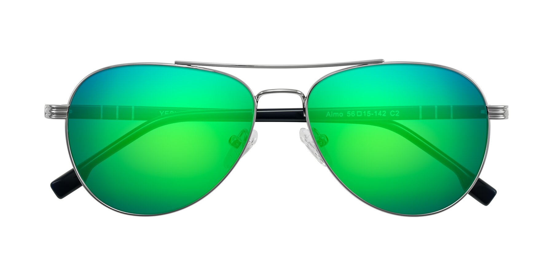 Folded Front of Aimo in Silver/Dark Blue with Green Mirrored Lenses