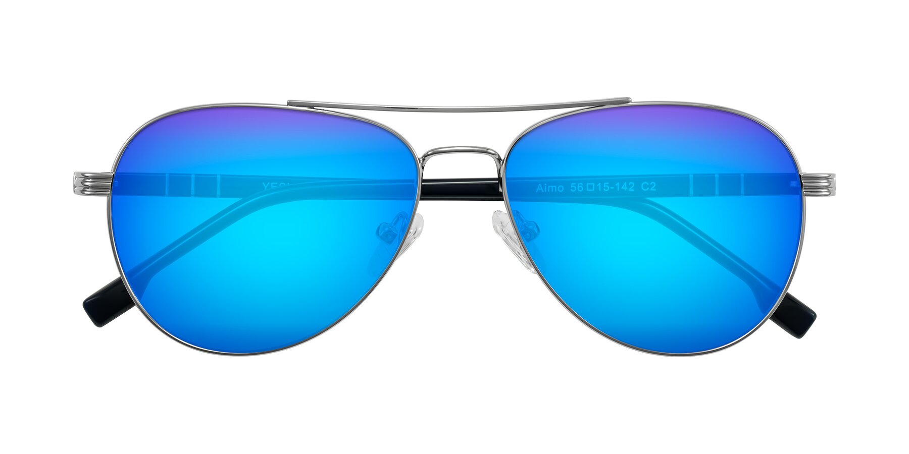 Folded Front of Aimo in Silver/Dark Blue with Blue Mirrored Lenses
