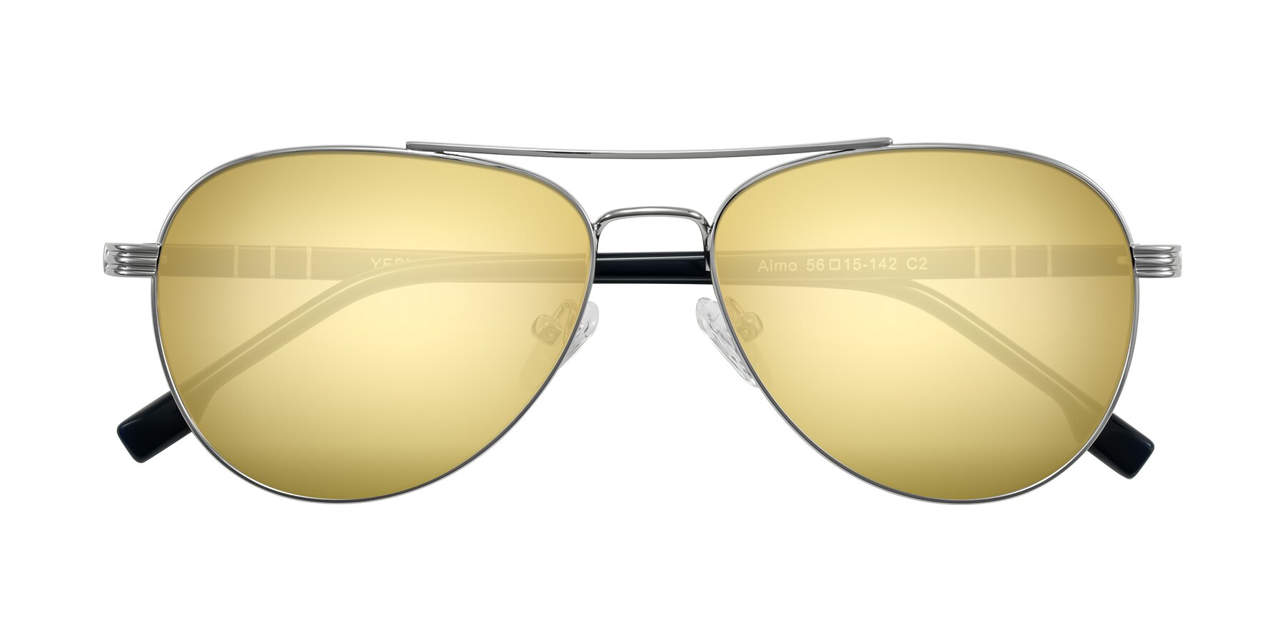 Folded Front of Aimo in Silver/Dark Blue with Gold Mirrored Lenses