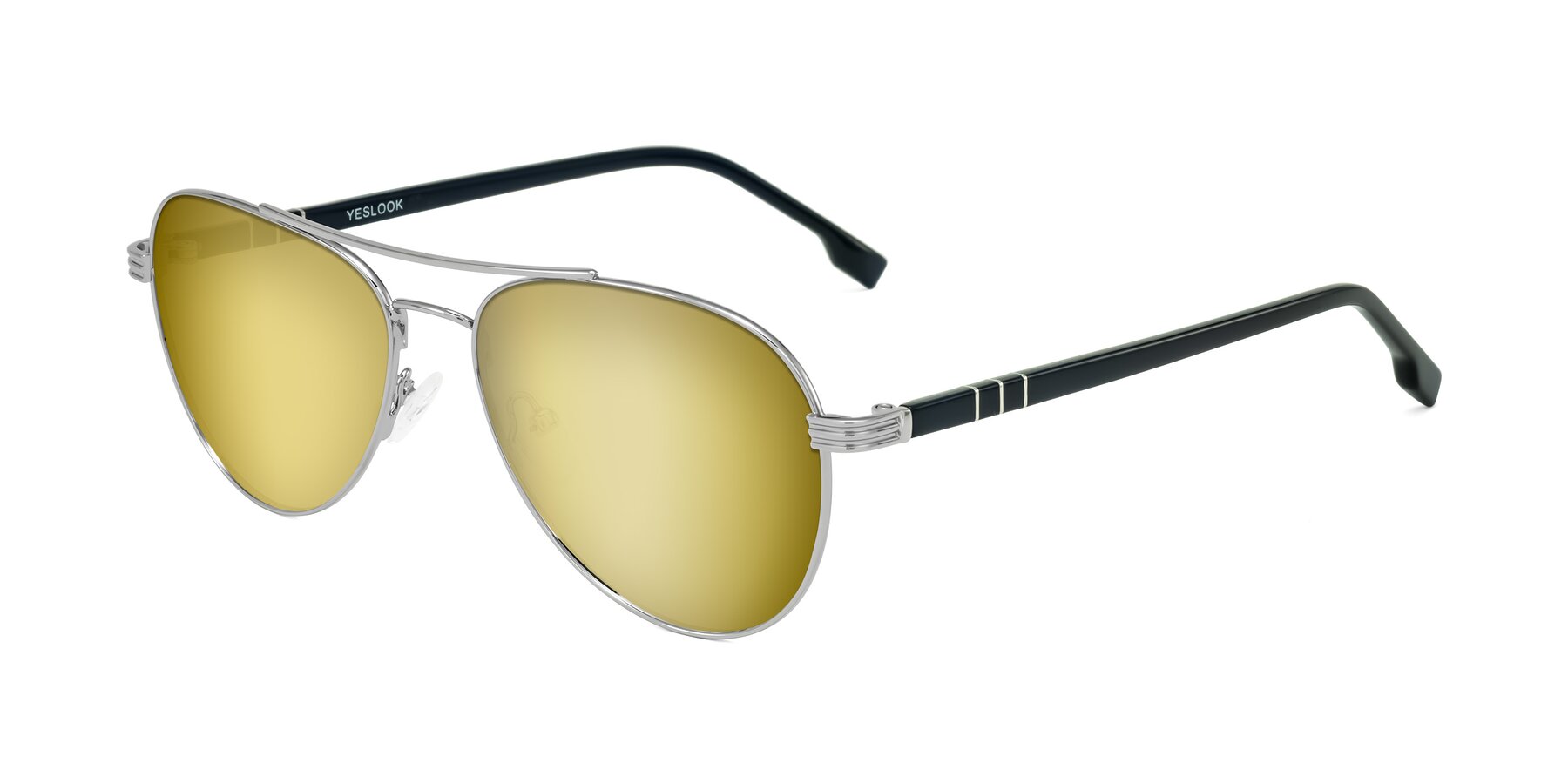 Angle of Aimo in Silver/Dark Blue with Gold Mirrored Lenses