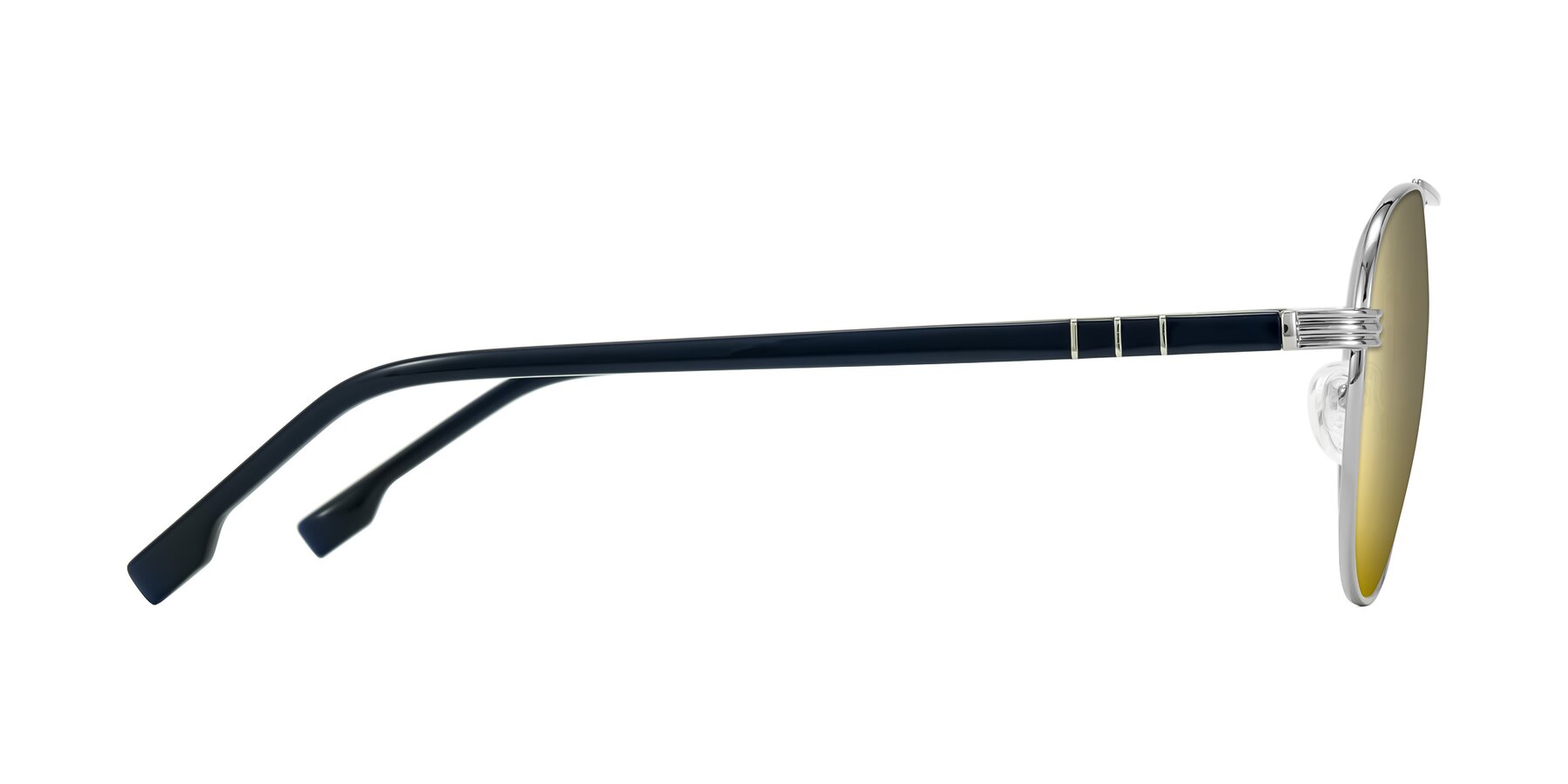 Side of Aimo in Silver/Dark Blue with Gold Mirrored Lenses