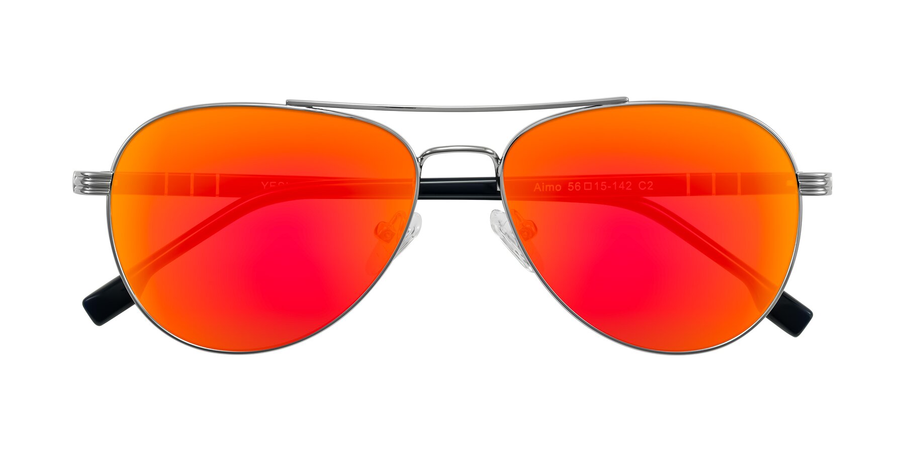 Folded Front of Aimo in Silver/Dark Blue with Red Gold Mirrored Lenses