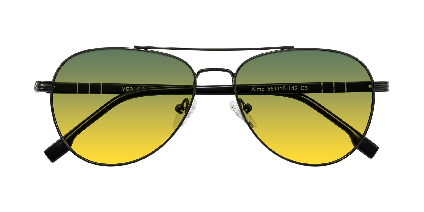Folded Front of Aimo in Gunmetal/Black with Green / Yellow Gradient Lenses