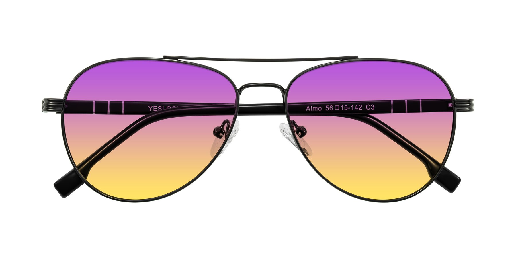 Folded Front of Aimo in Gunmetal/Black with Purple / Yellow Gradient Lenses