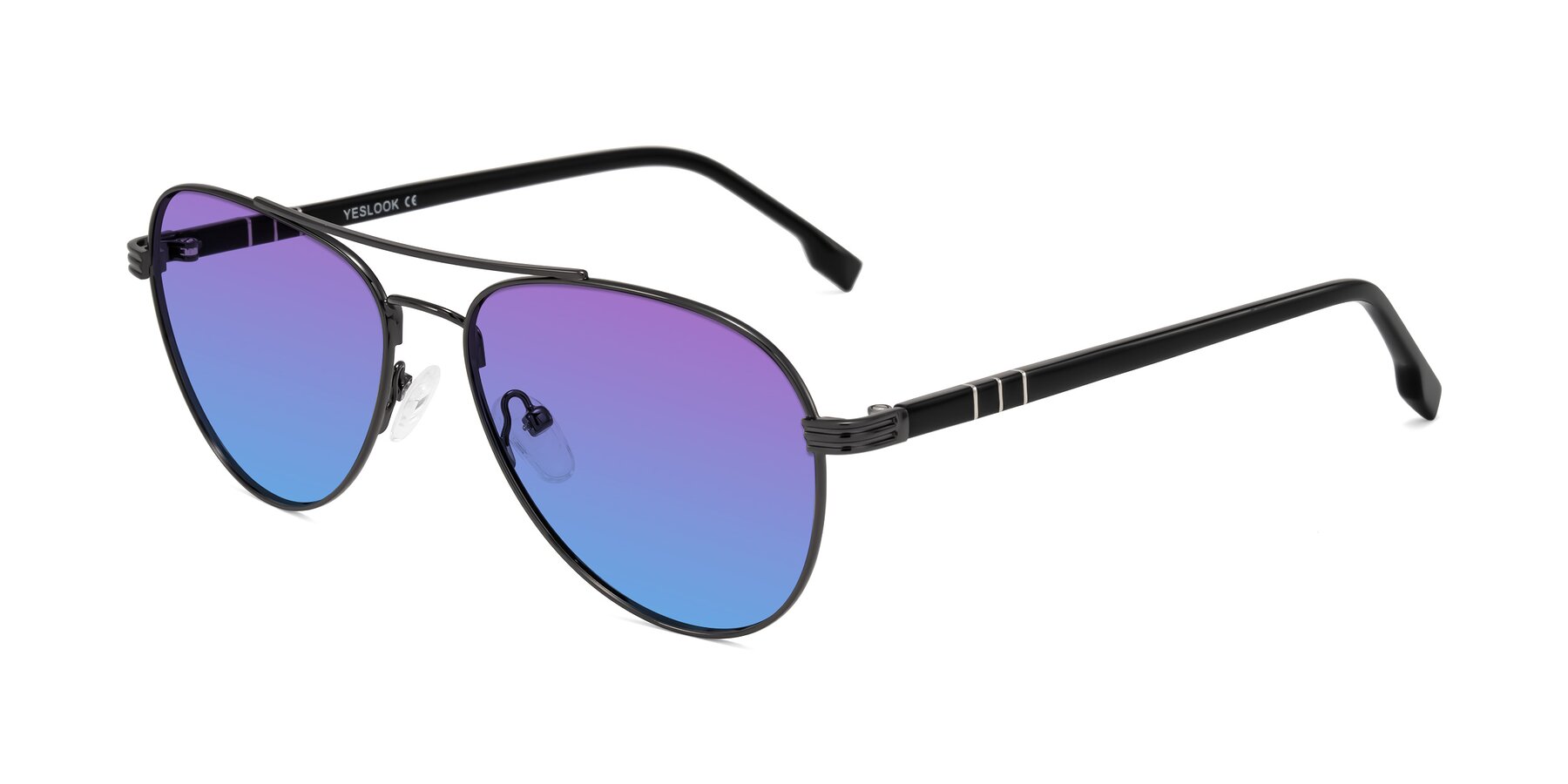 Angle of Aimo in Gunmetal/Black with Purple / Blue Gradient Lenses