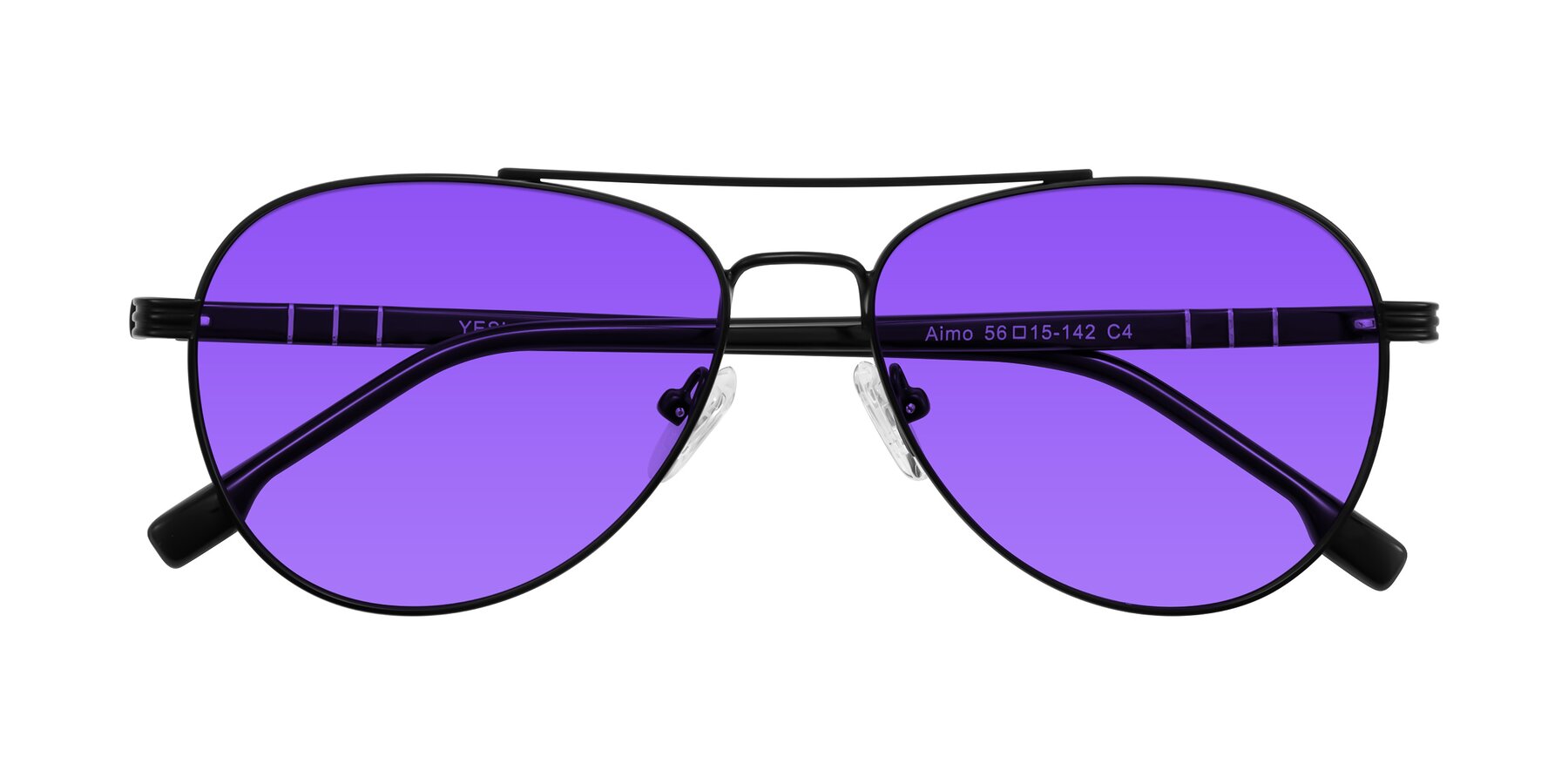 Folded Front of Aimo in Matte Black/Dark Gray with Purple Tinted Lenses