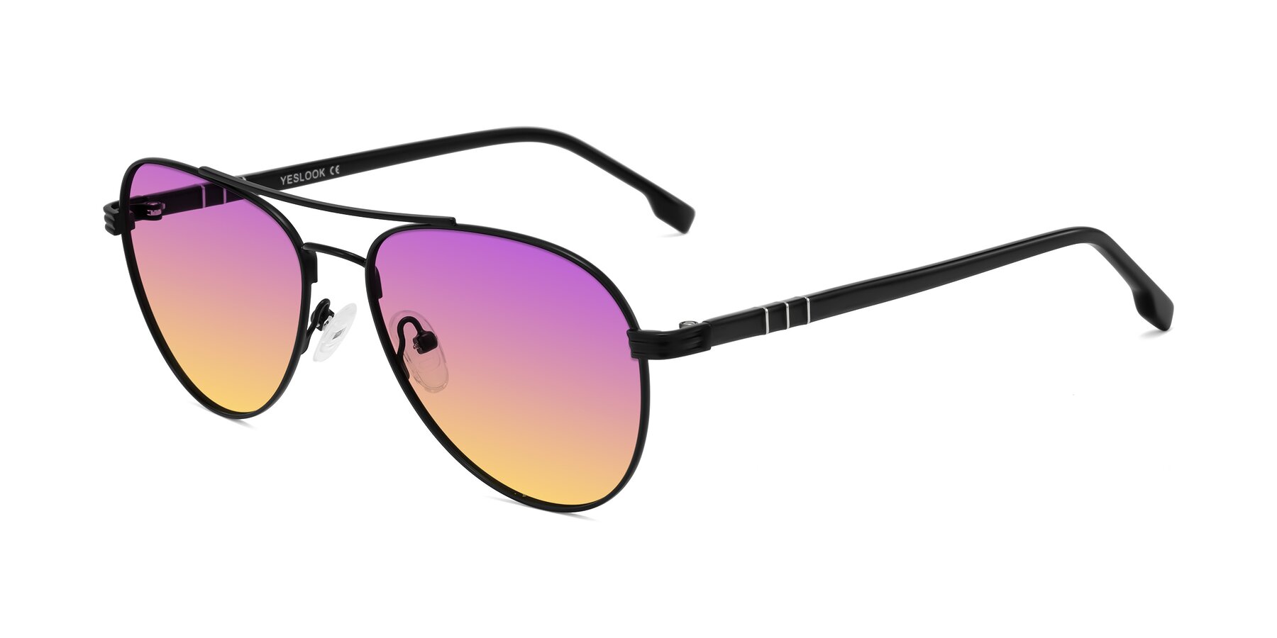 Angle of Aimo in Matte Black/Dark Gray with Purple / Yellow Gradient Lenses