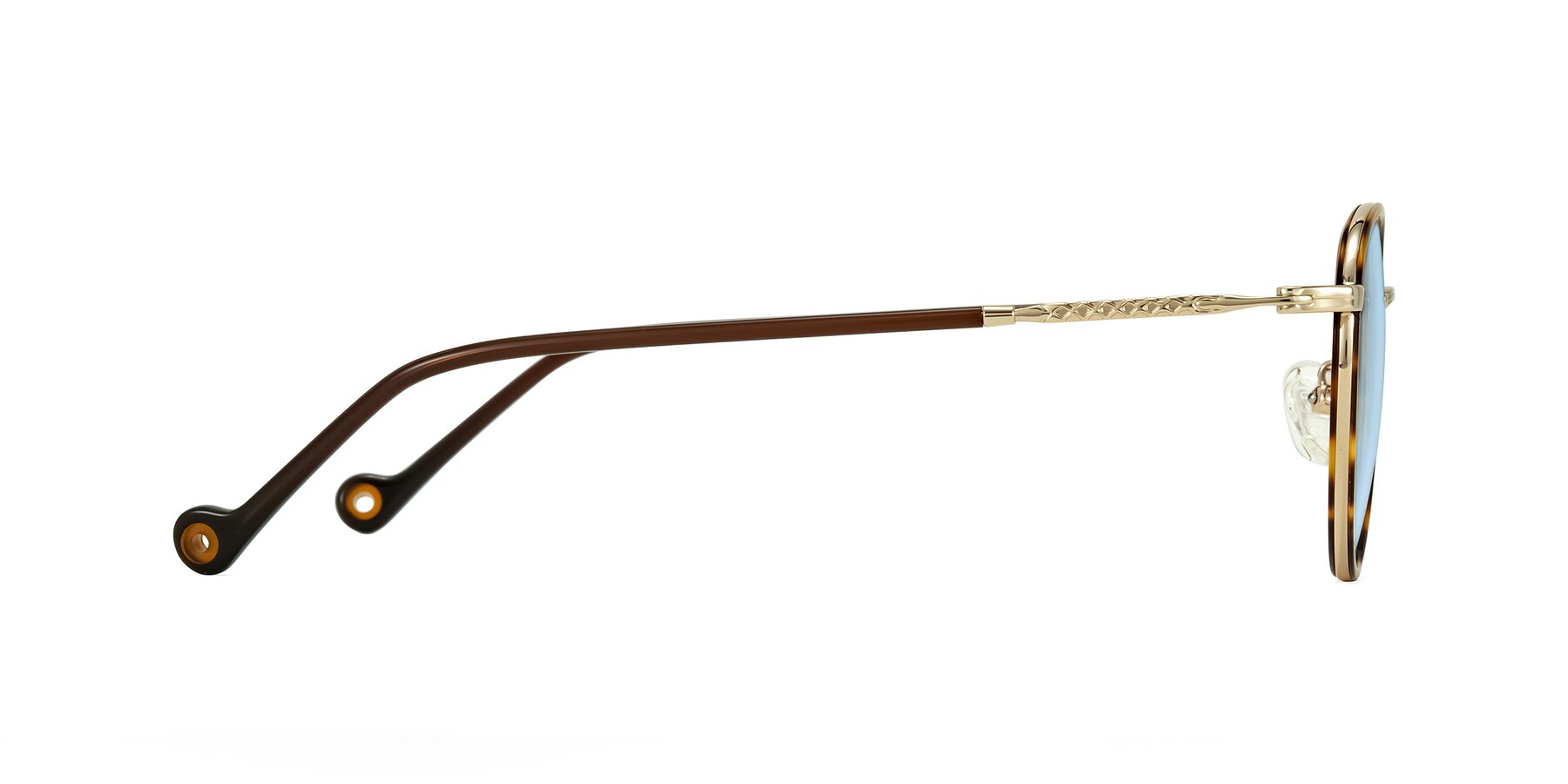 Side of Hoosen in Leopard-Print/Gold with Light Blue Tinted Lenses