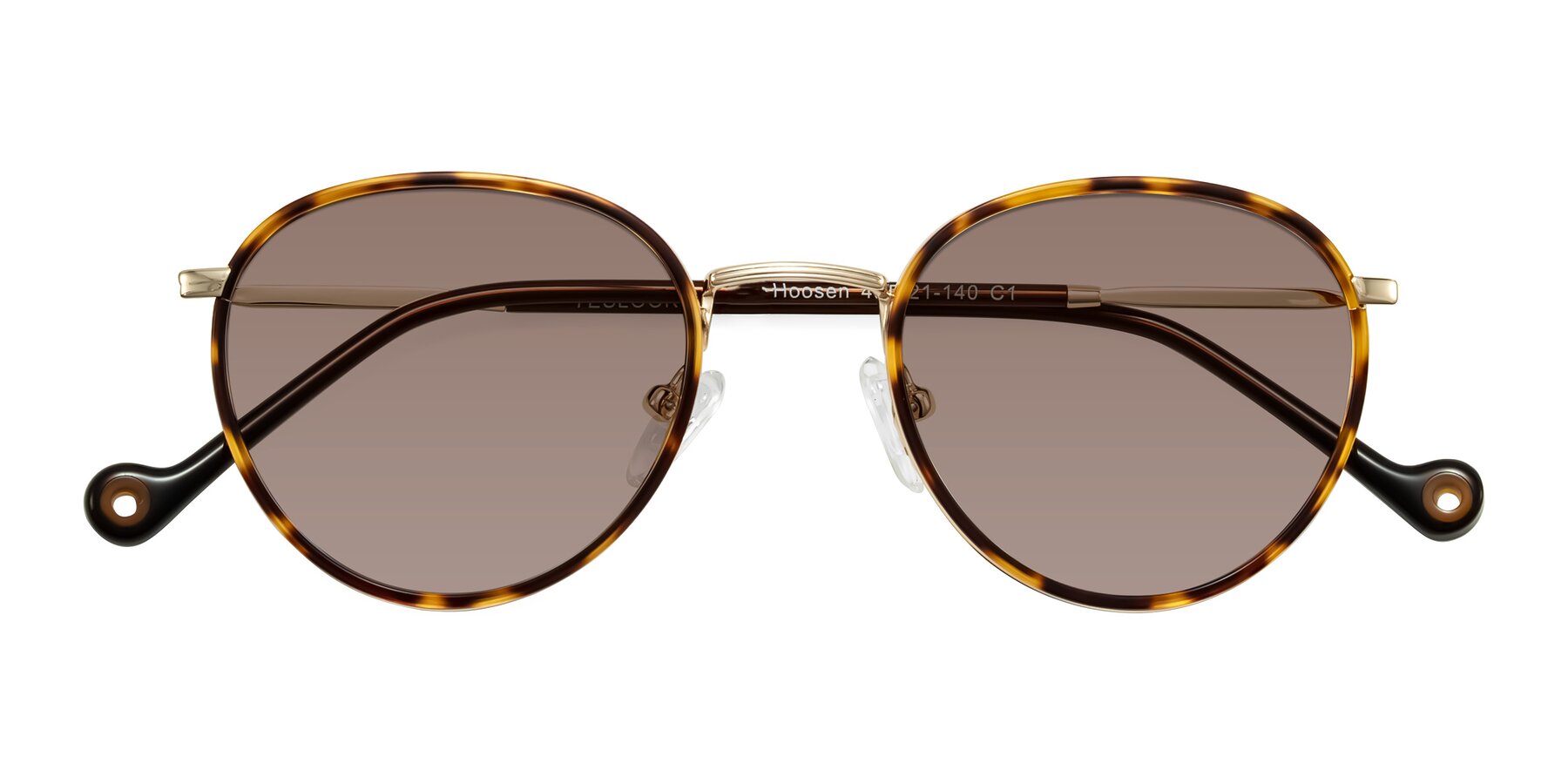 Folded Front of Hoosen in Leopard-Print/Gold with Medium Brown Tinted Lenses