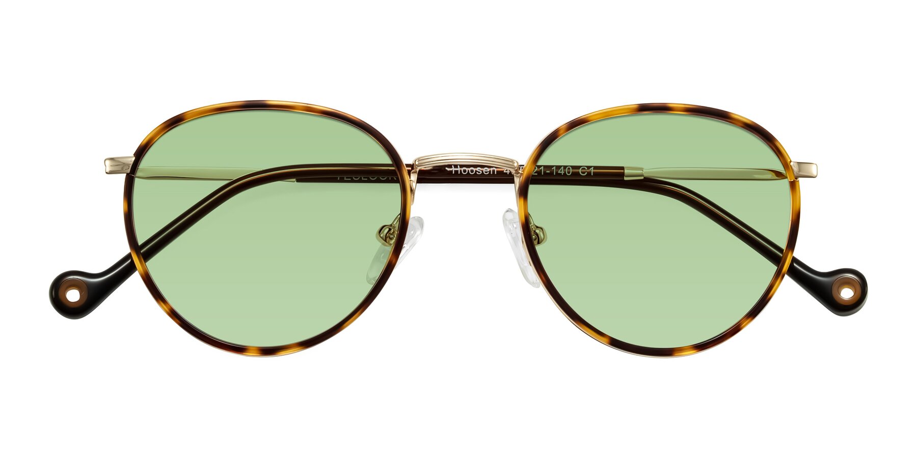 Folded Front of Hoosen in Leopard-Print/Gold with Medium Green Tinted Lenses