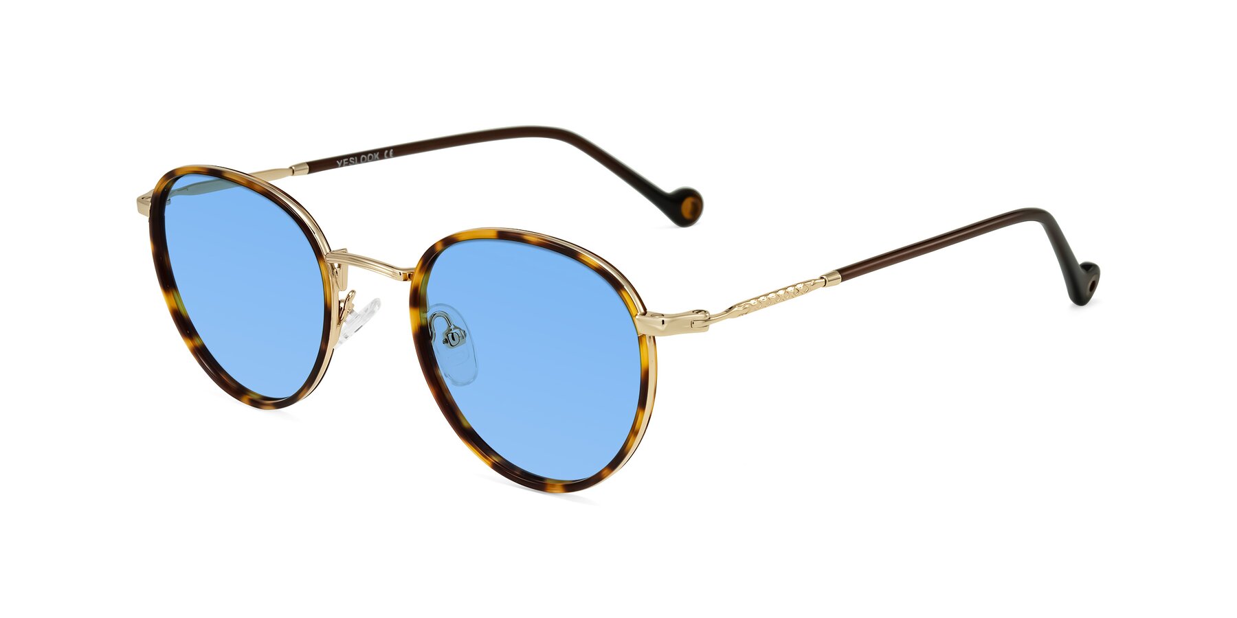 Angle of Hoosen in Leopard-Print/Gold with Medium Blue Tinted Lenses