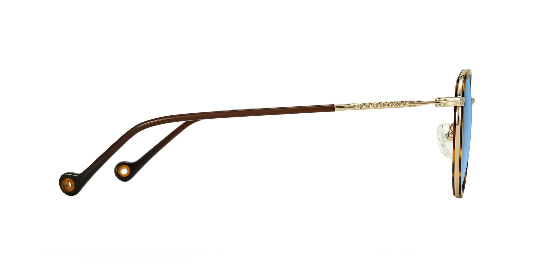 Side of Hoosen in Leopard-Print/Gold with Medium Blue Tinted Lenses