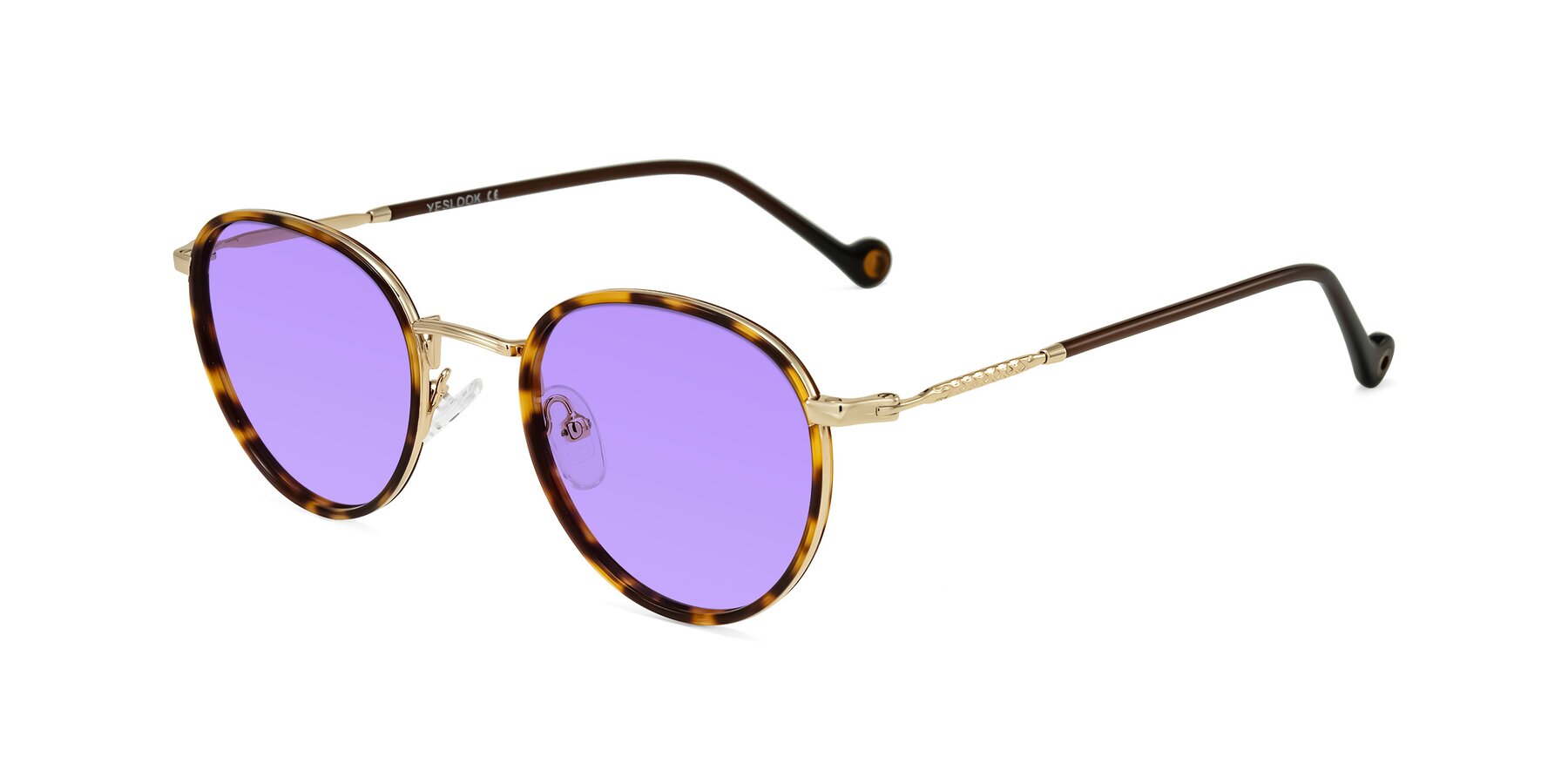 Angle of Hoosen in Leopard-Print/Gold with Medium Purple Tinted Lenses