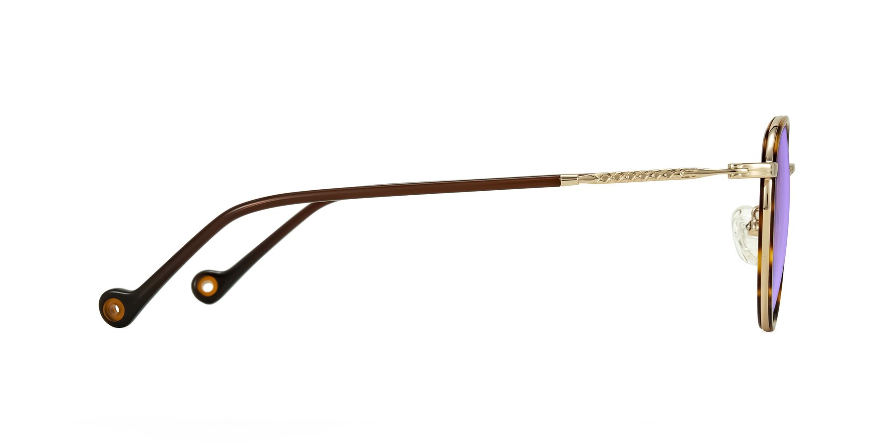 Side of Hoosen in Leopard-Print/Gold with Medium Purple Tinted Lenses