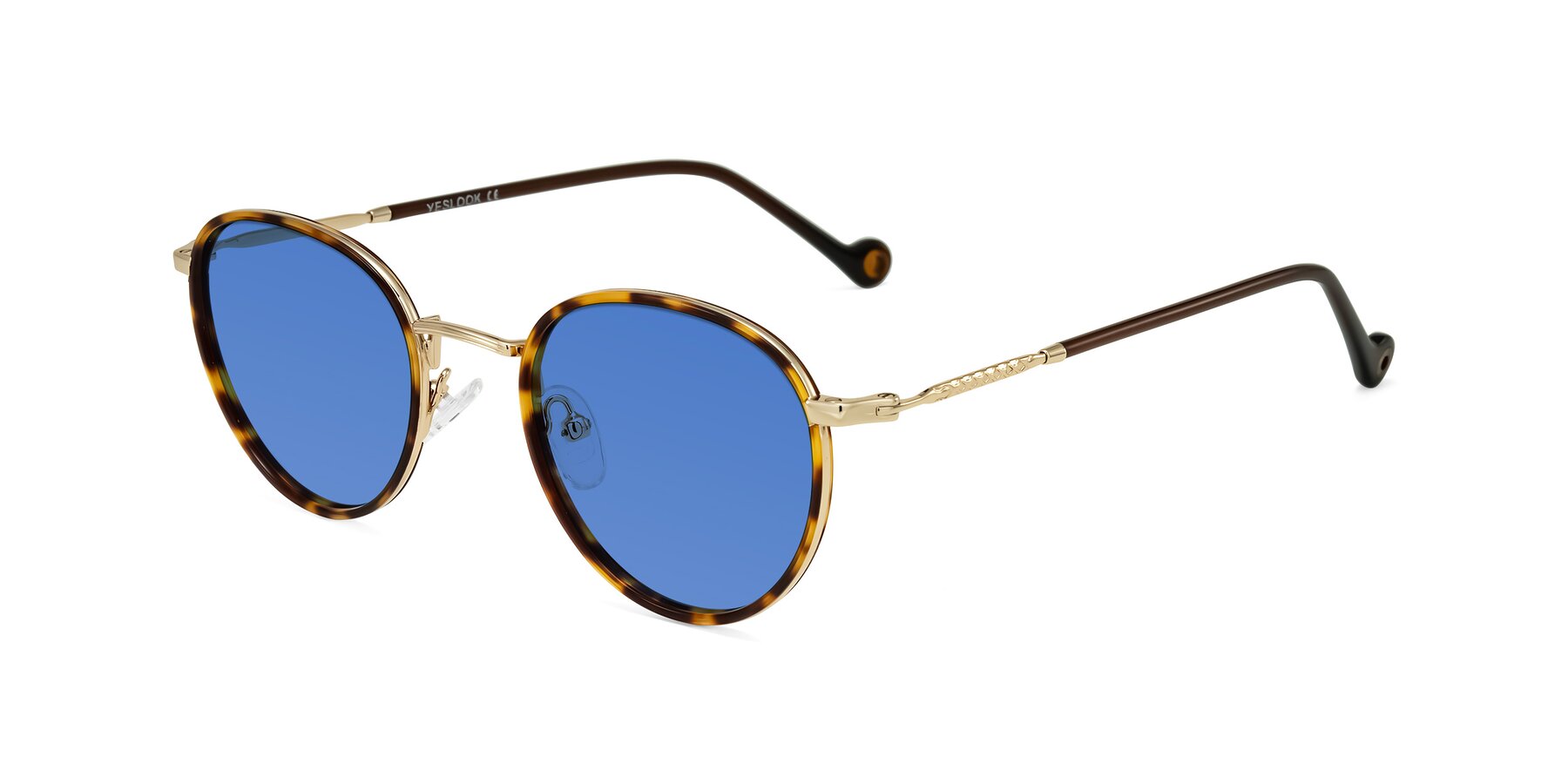 Angle of Hoosen in Leopard-Print/Gold with Blue Tinted Lenses