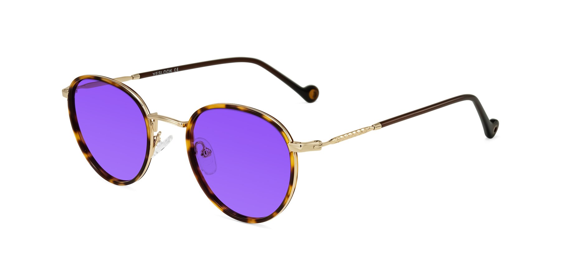 Angle of Hoosen in Leopard-Print/Gold with Purple Tinted Lenses