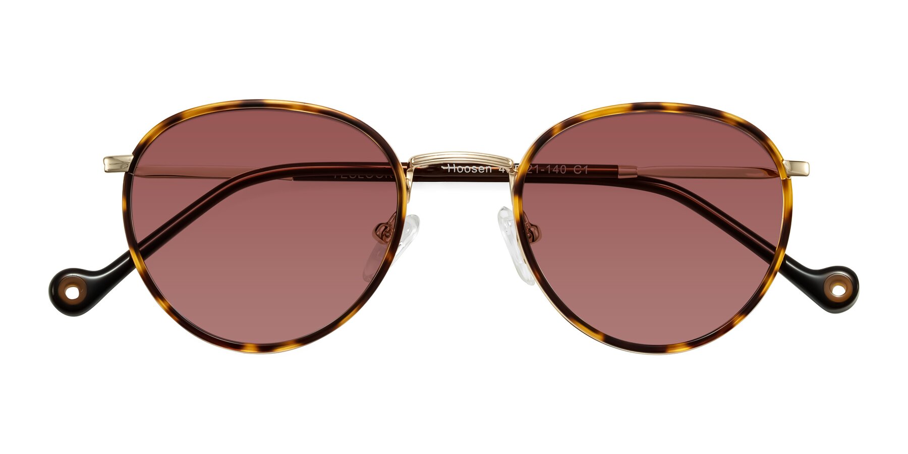 Folded Front of Hoosen in Leopard-Print/Gold with Garnet Tinted Lenses