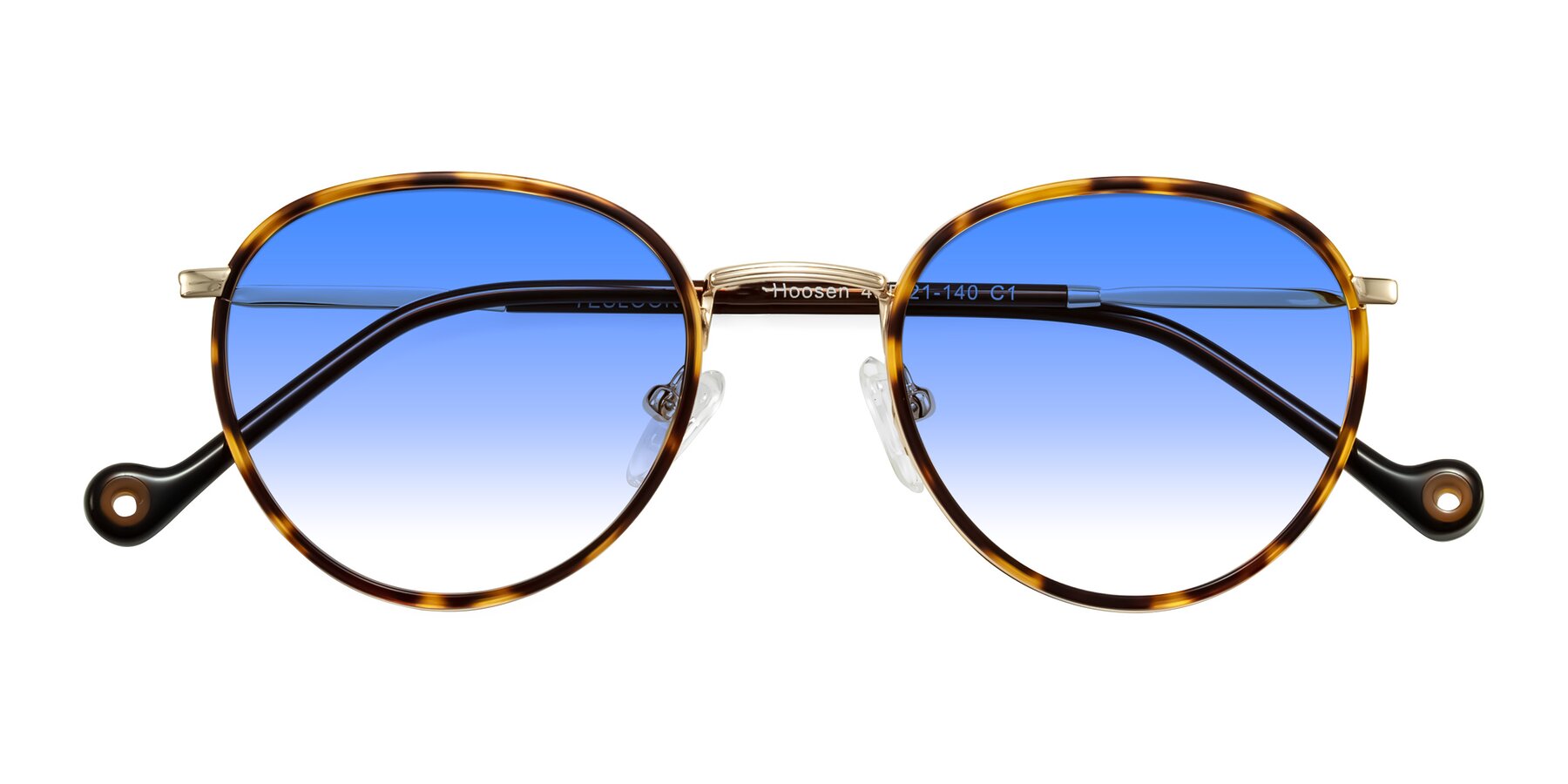 Folded Front of Hoosen in Leopard-Print/Gold with Blue Gradient Lenses