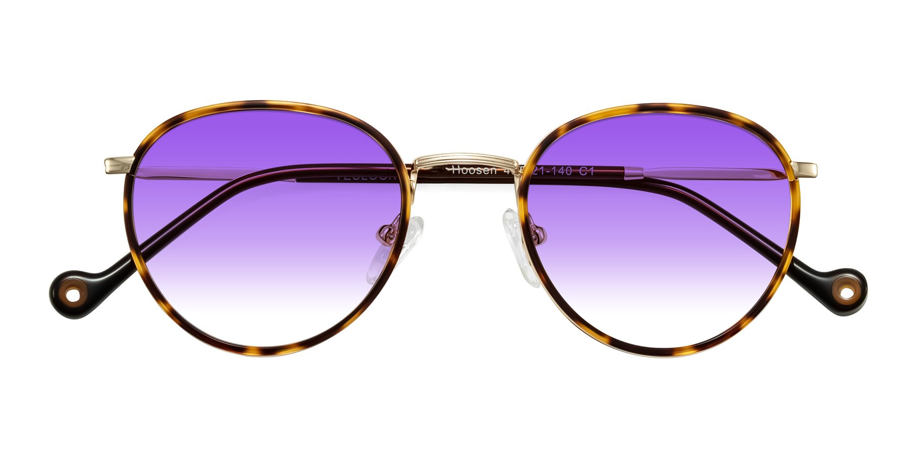 Folded Front of Hoosen in Leopard-Print/Gold with Purple Gradient Lenses