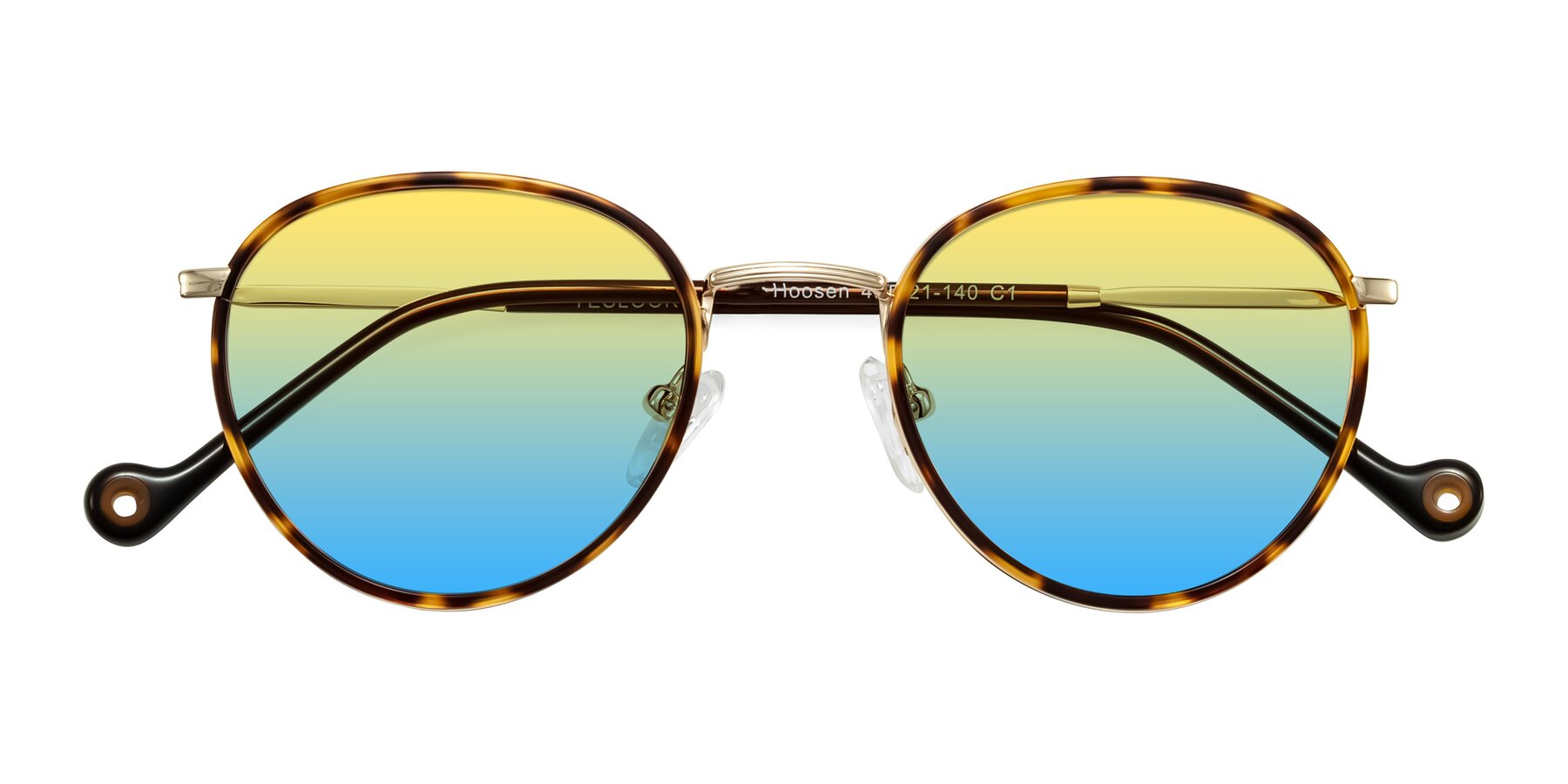 Folded Front of Hoosen in Leopard-Print/Gold with Yellow / Blue Gradient Lenses