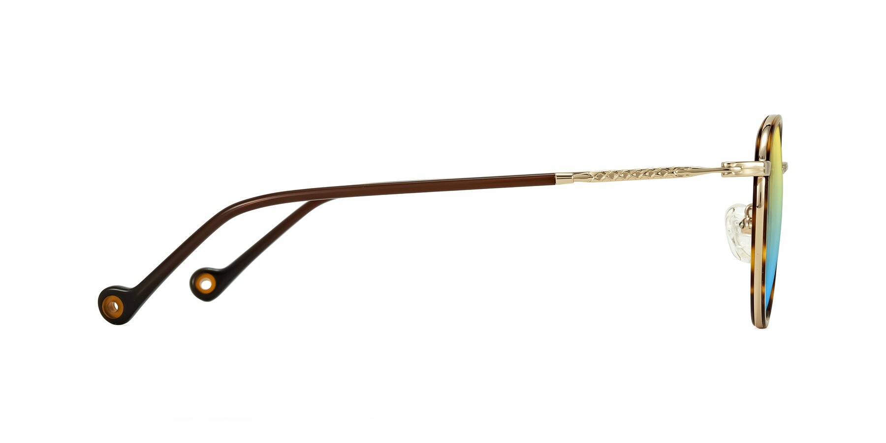 Side of Hoosen in Leopard-Print/Gold with Yellow / Blue Gradient Lenses