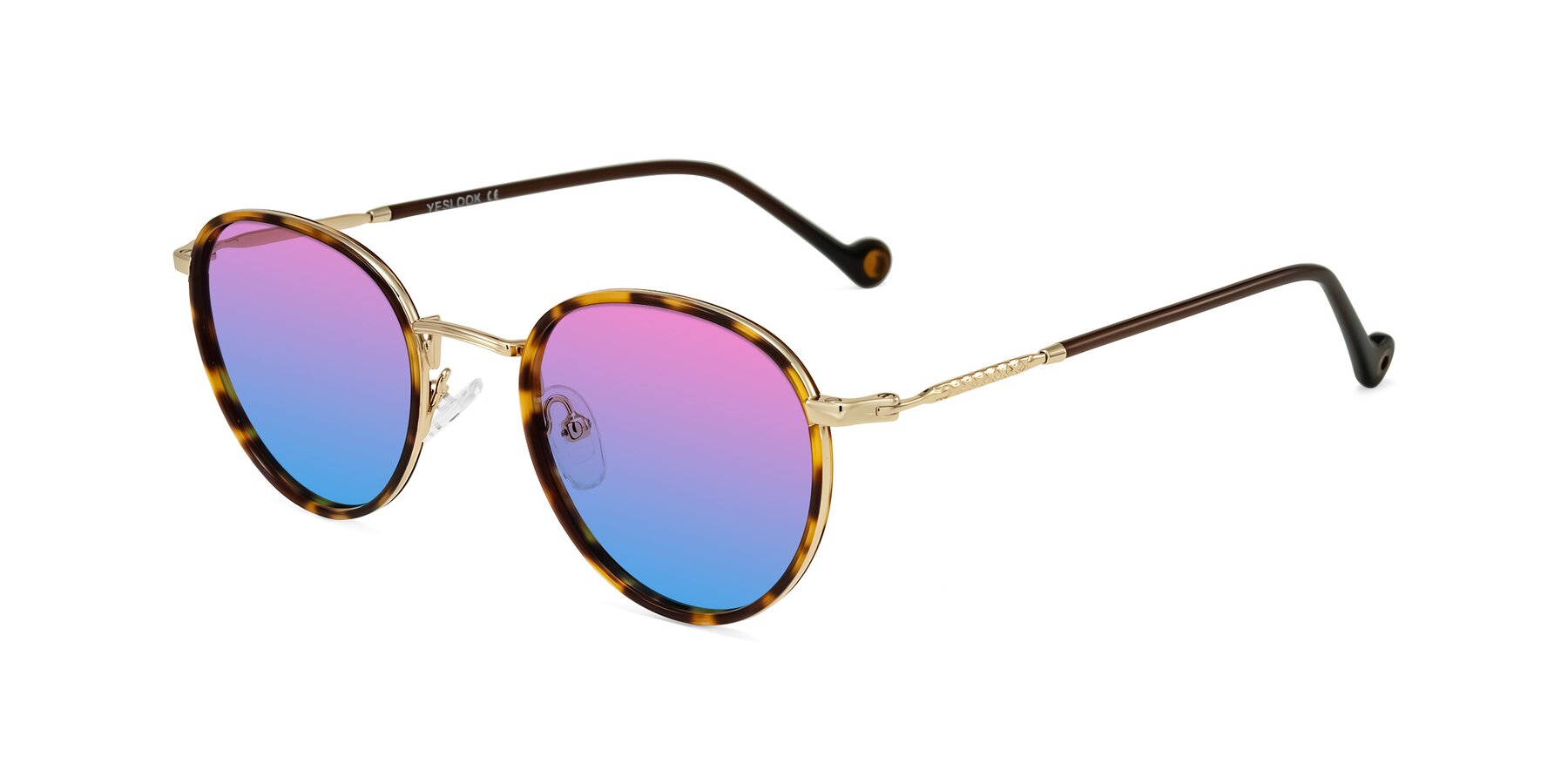 Angle of Hoosen in Leopard-Print/Gold with Pink / Blue Gradient Lenses