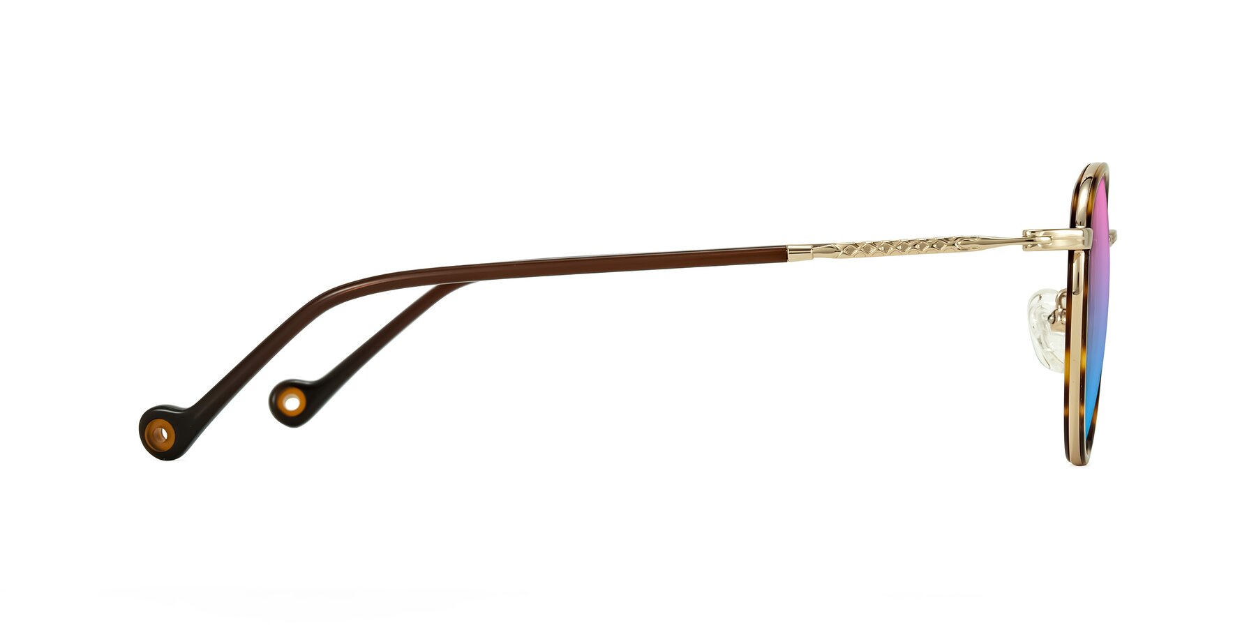 Side of Hoosen in Leopard-Print/Gold with Pink / Blue Gradient Lenses