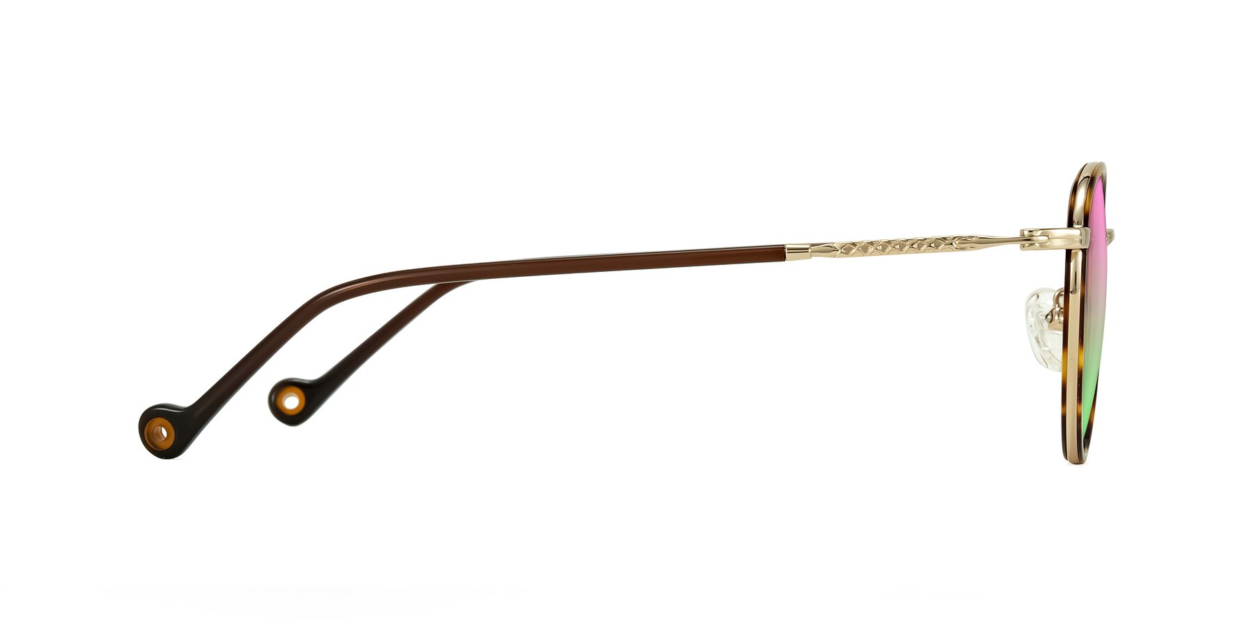 Side of Hoosen in Leopard-Print/Gold with Pink / Green Gradient Lenses