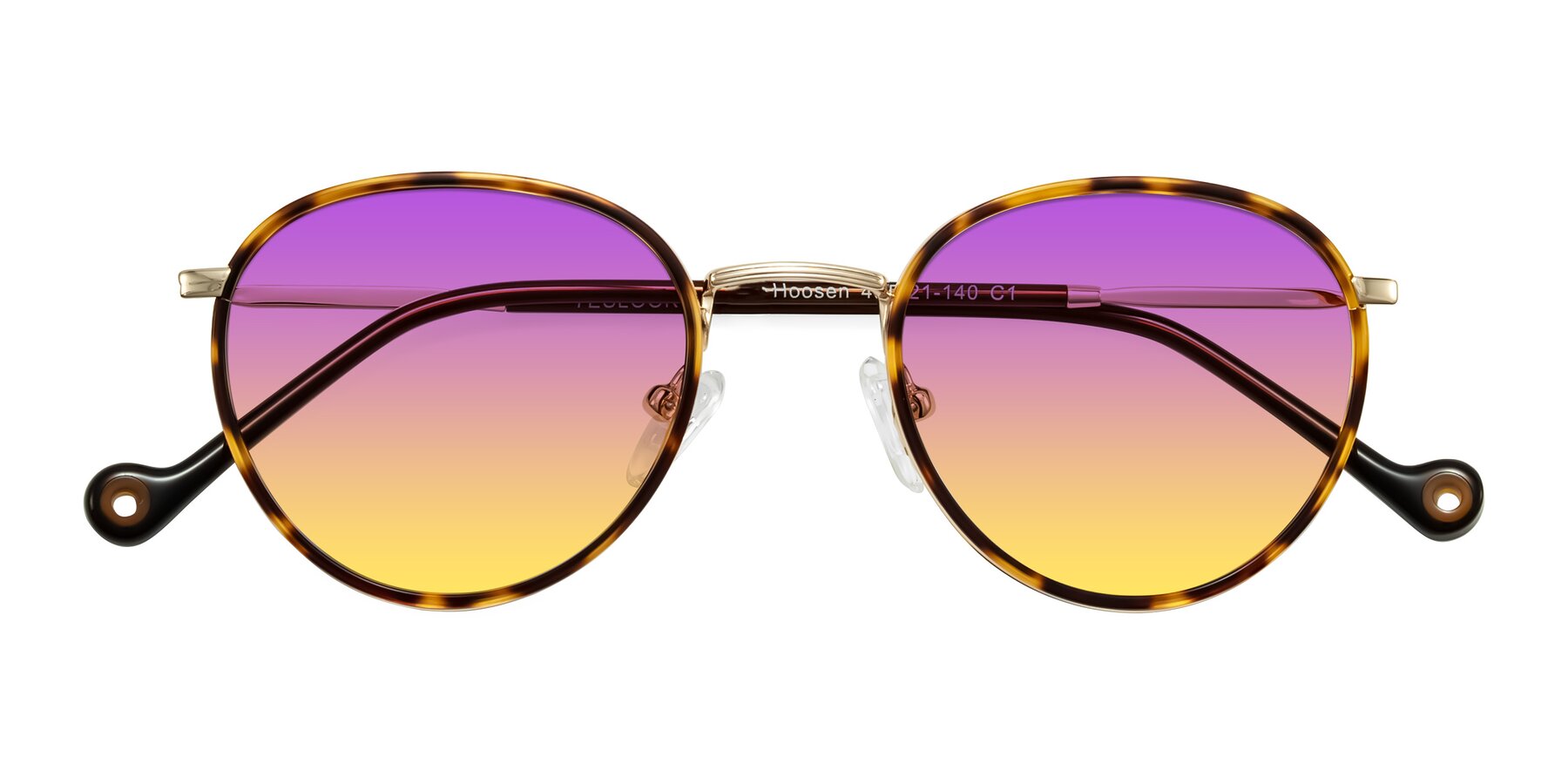 Folded Front of Hoosen in Leopard-Print/Gold with Purple / Yellow Gradient Lenses