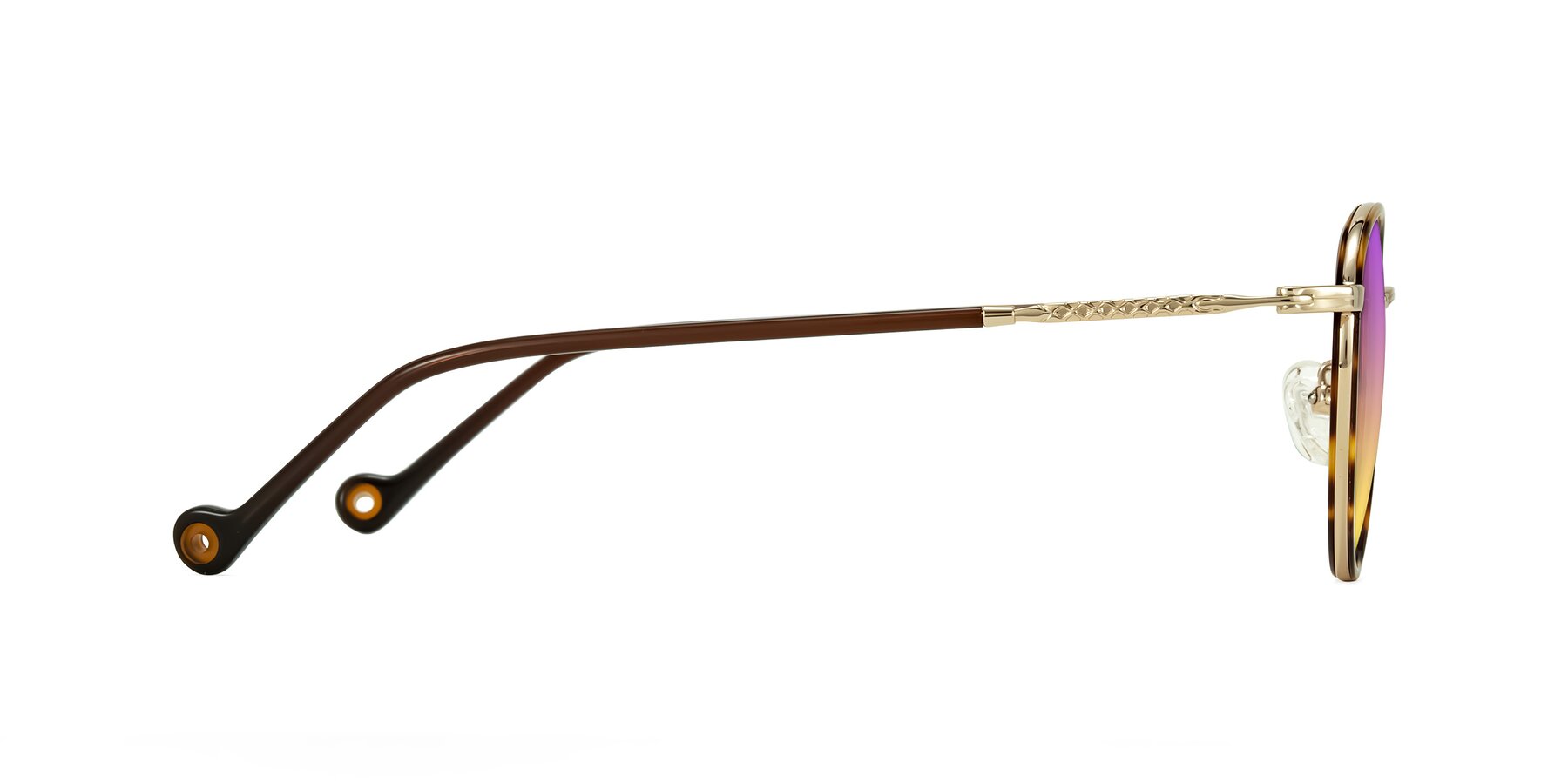 Side of Hoosen in Leopard-Print/Gold with Purple / Yellow Gradient Lenses