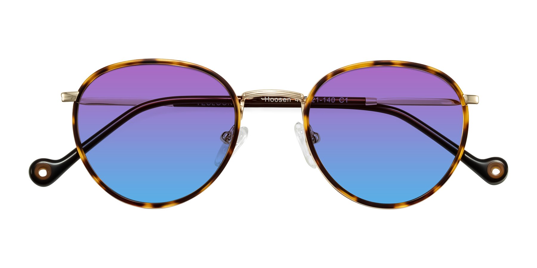 Folded Front of Hoosen in Leopard-Print/Gold with Purple / Blue Gradient Lenses