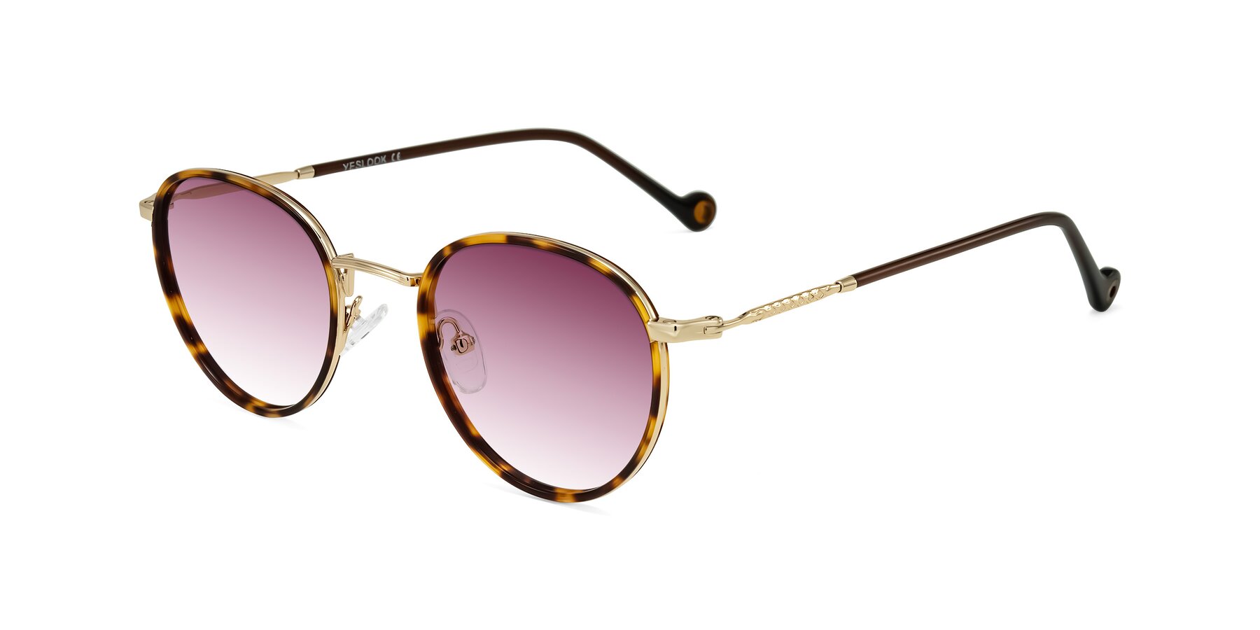 Angle of Hoosen in Leopard-Print/Gold with Wine Gradient Lenses