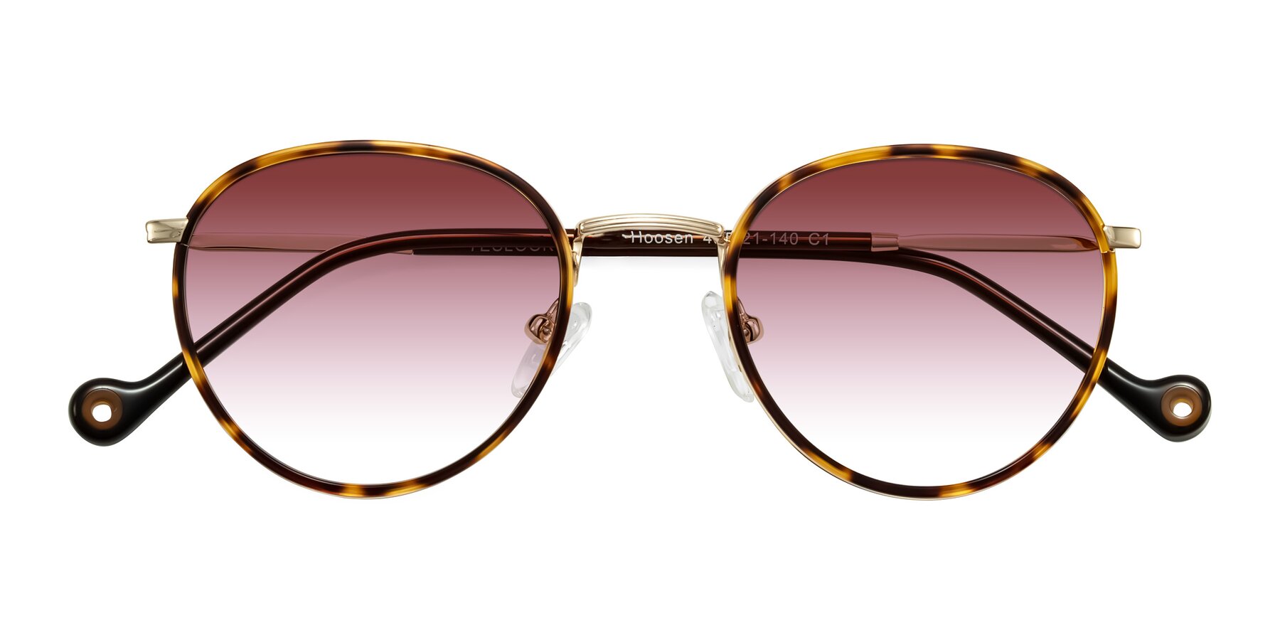 Folded Front of Hoosen in Leopard-Print/Gold with Garnet Gradient Lenses