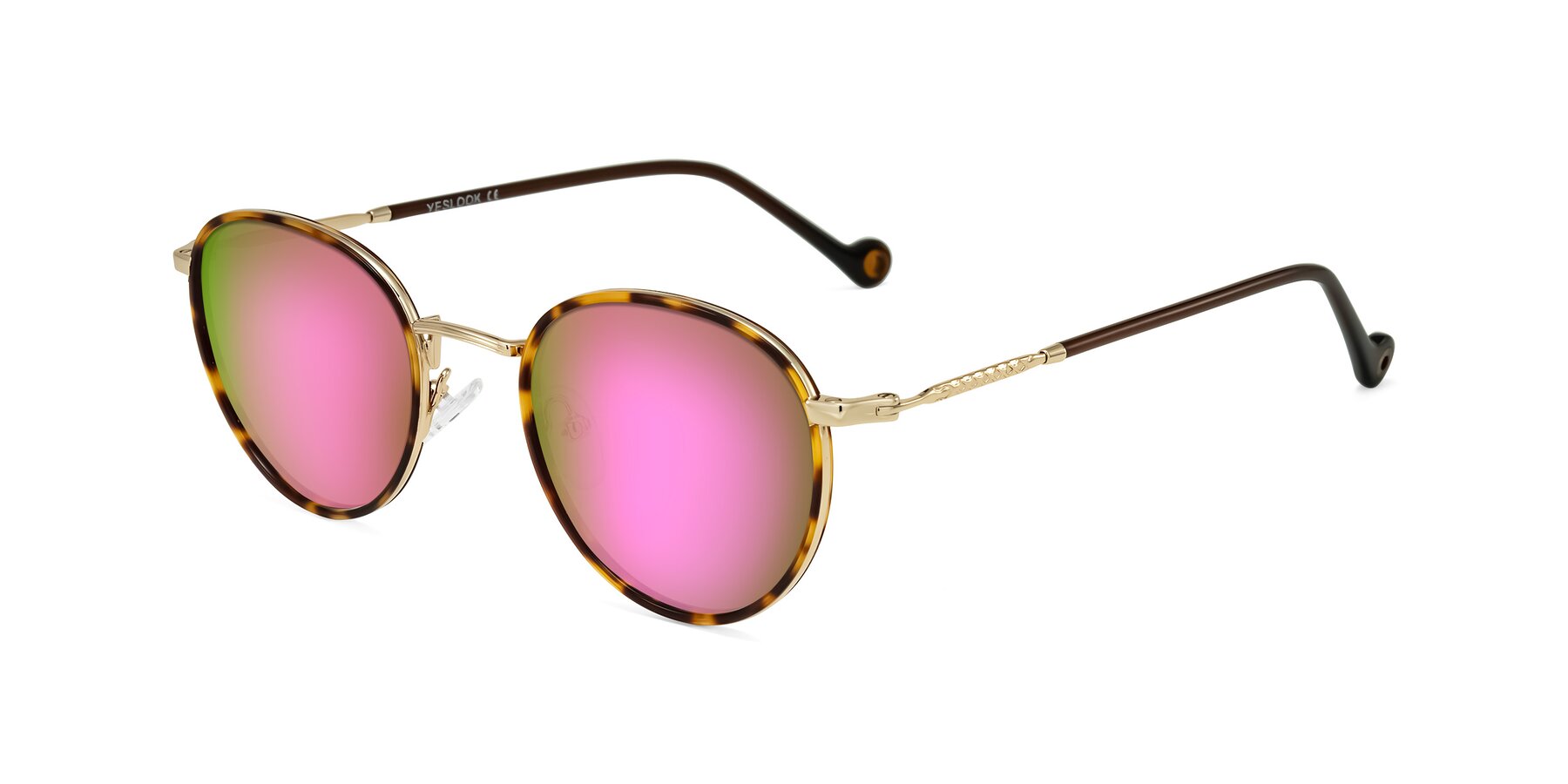 Angle of Hoosen in Leopard-Print/Gold with Pink Mirrored Lenses