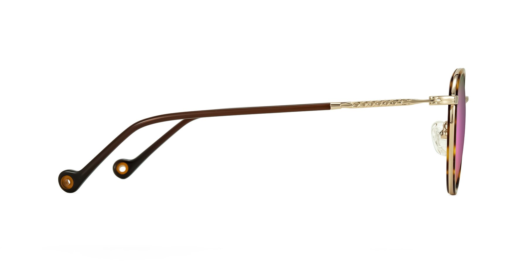 Side of Hoosen in Leopard-Print/Gold with Pink Mirrored Lenses