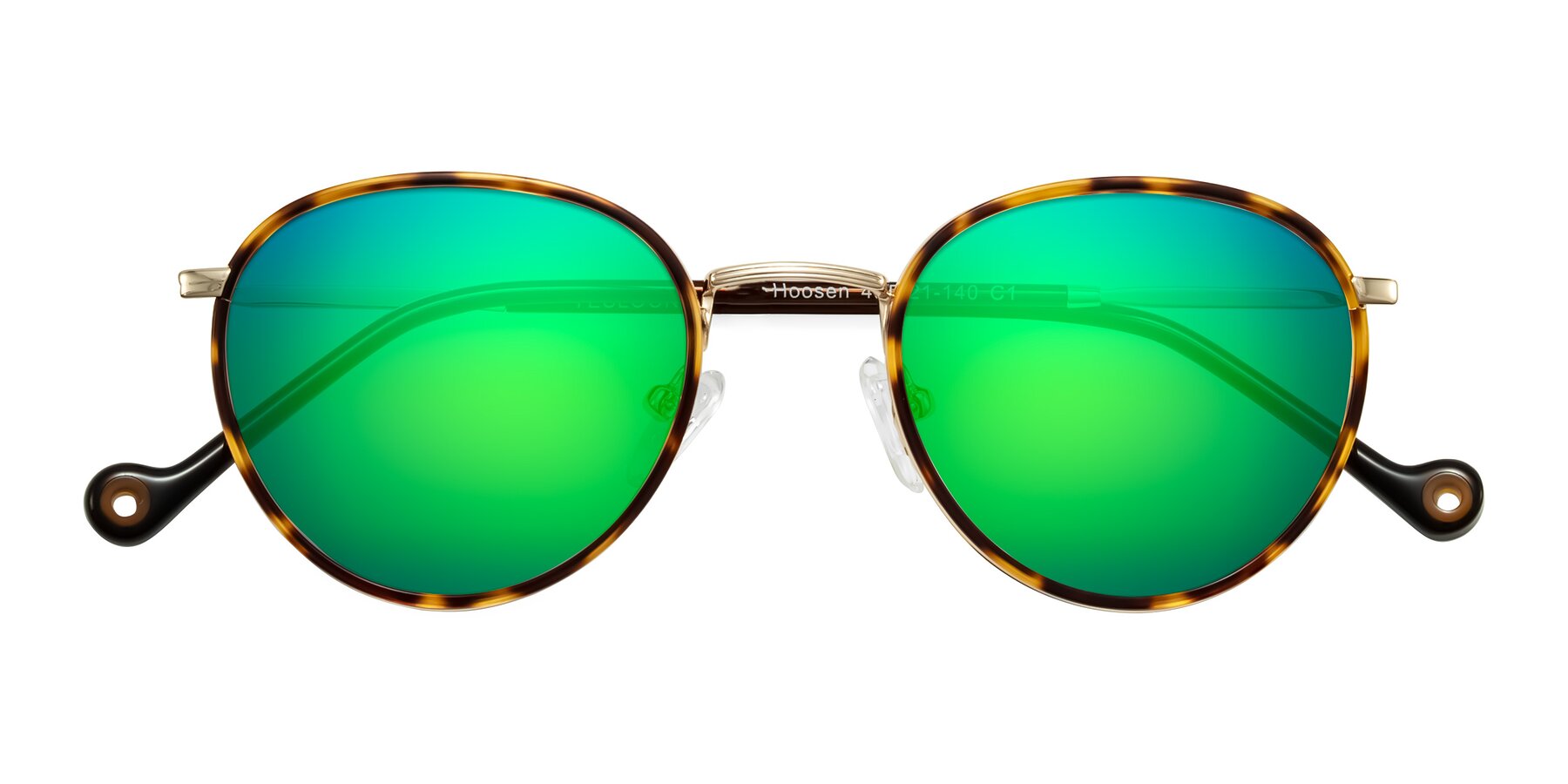 Folded Front of Hoosen in Leopard-Print/Gold with Green Mirrored Lenses