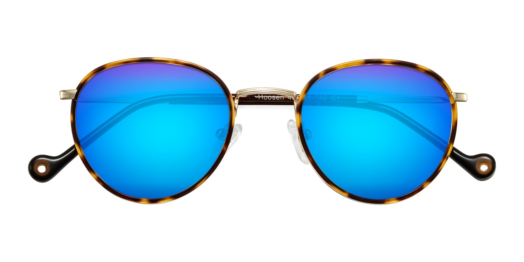 Folded Front of Hoosen in Leopard-Print/Gold with Blue Mirrored Lenses