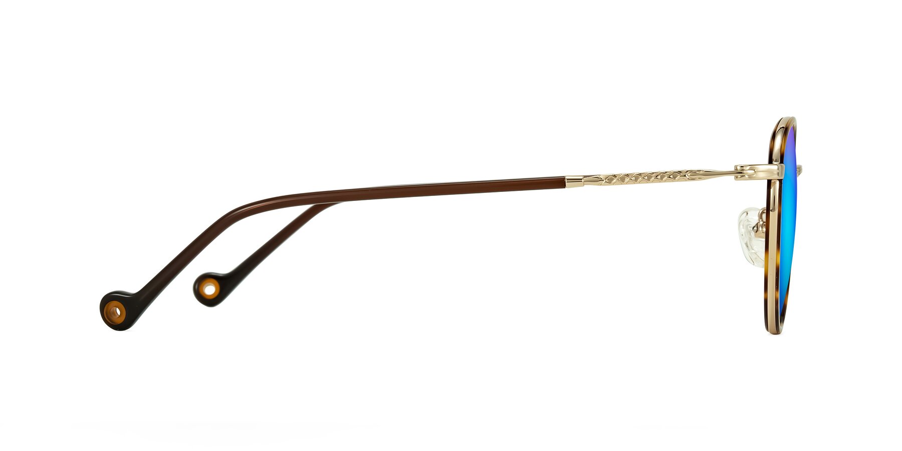 Side of Hoosen in Leopard-Print/Gold with Blue Mirrored Lenses