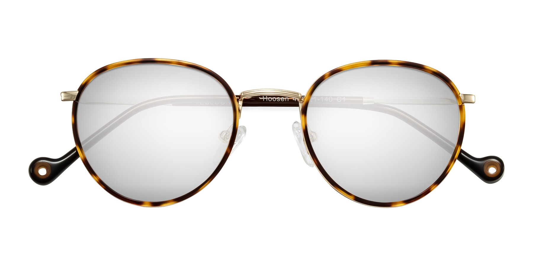 Folded Front of Hoosen in Leopard-Print/Gold with Silver Mirrored Lenses