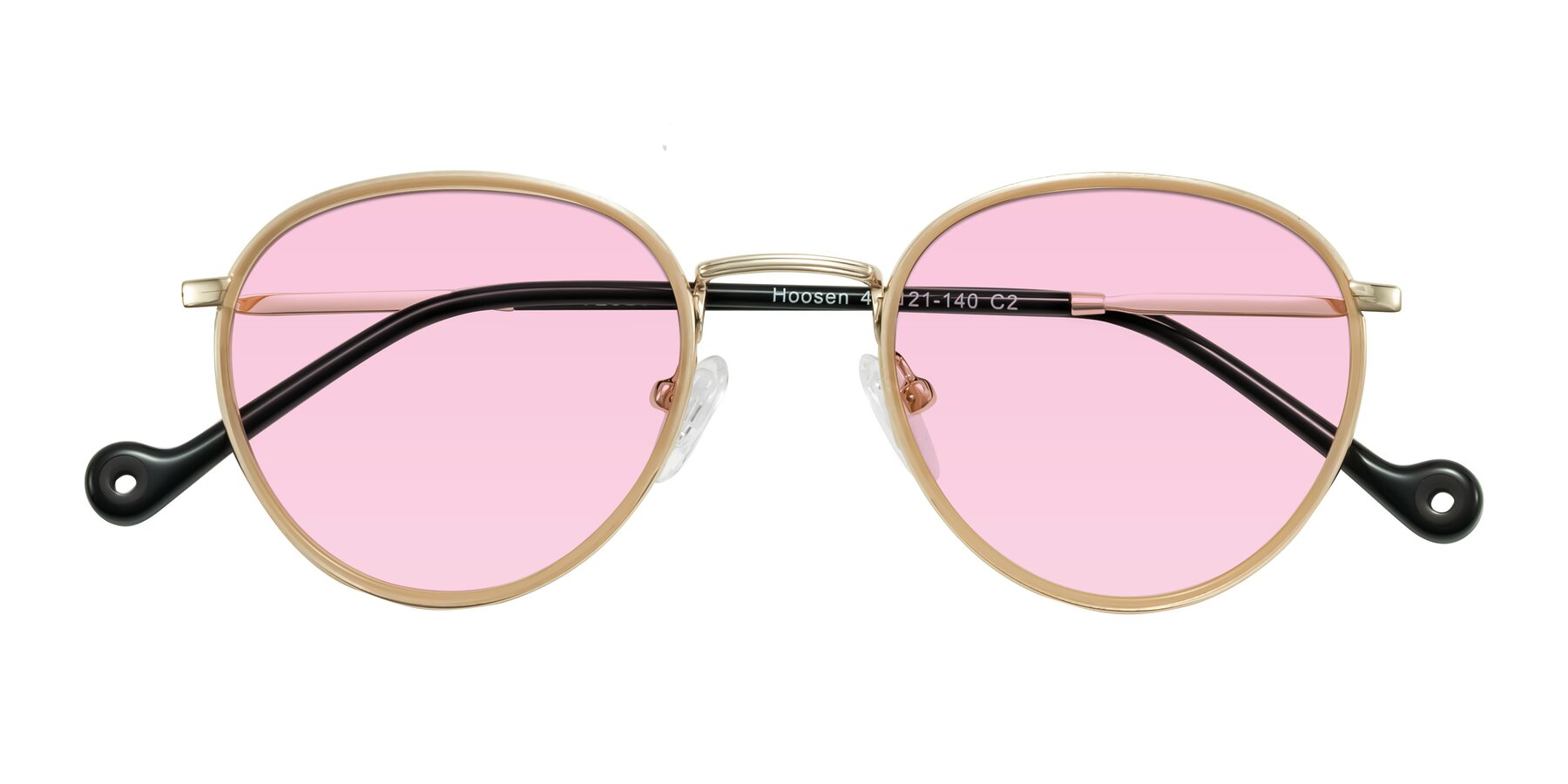 Folded Front of Hoosen in Beige/Gold with Light Pink Tinted Lenses