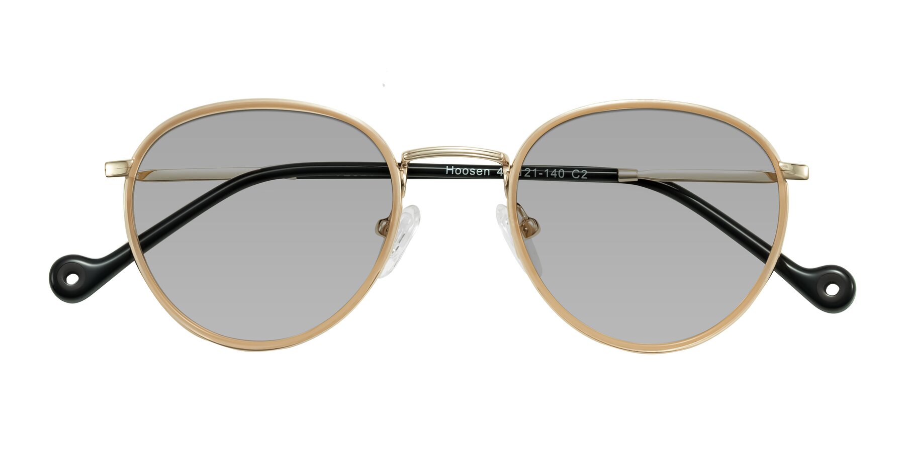 Folded Front of Hoosen in Beige/Gold with Light Gray Tinted Lenses