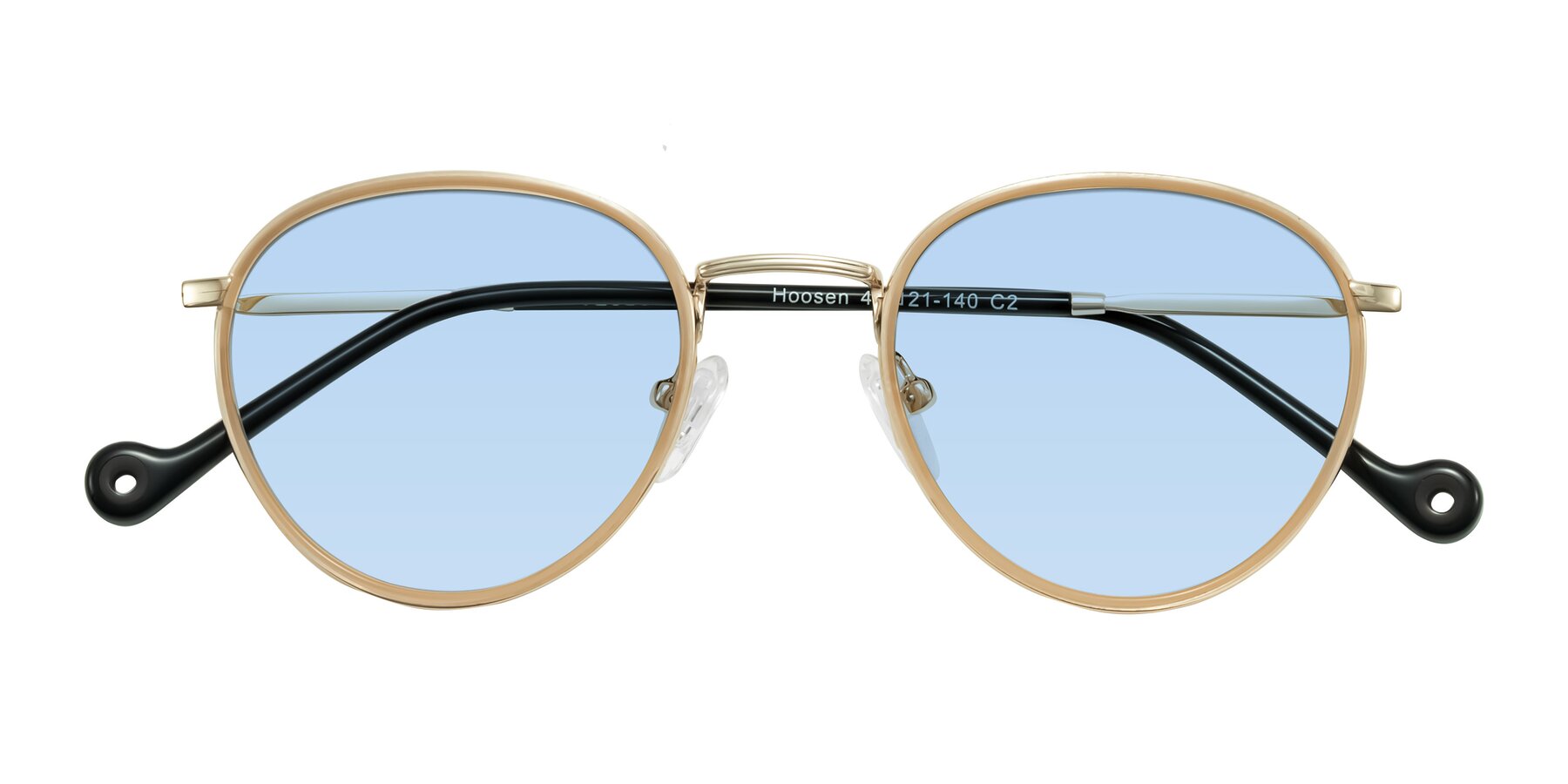 Folded Front of Hoosen in Beige/Gold with Light Blue Tinted Lenses