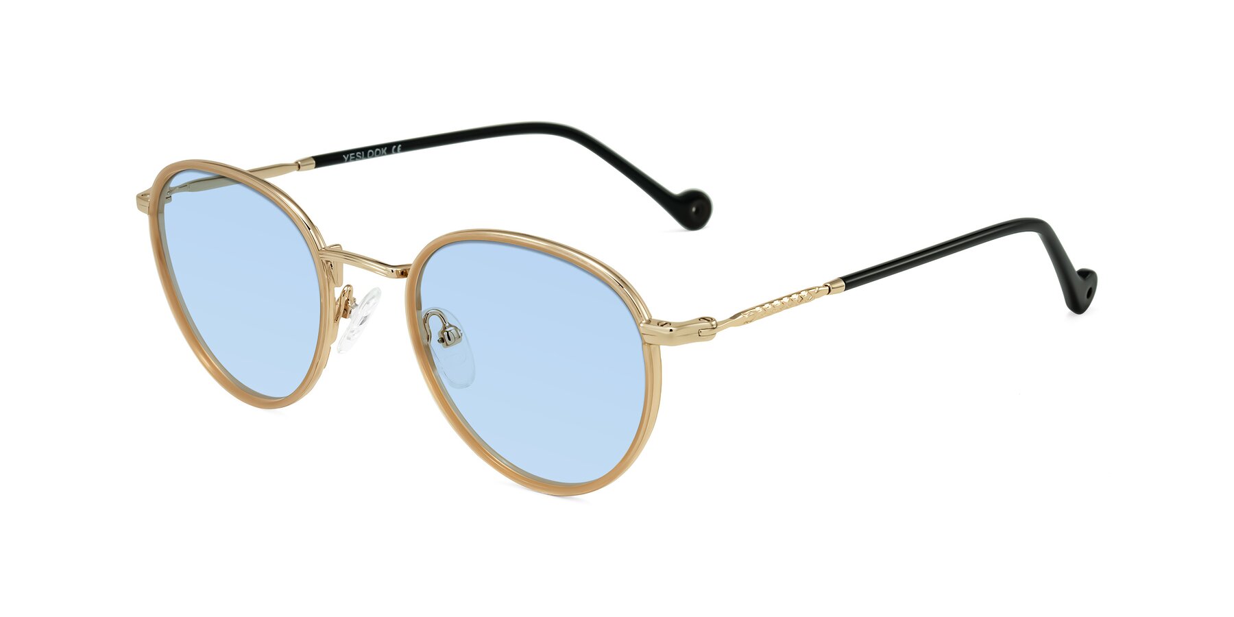 Angle of Hoosen in Beige/Gold with Light Blue Tinted Lenses