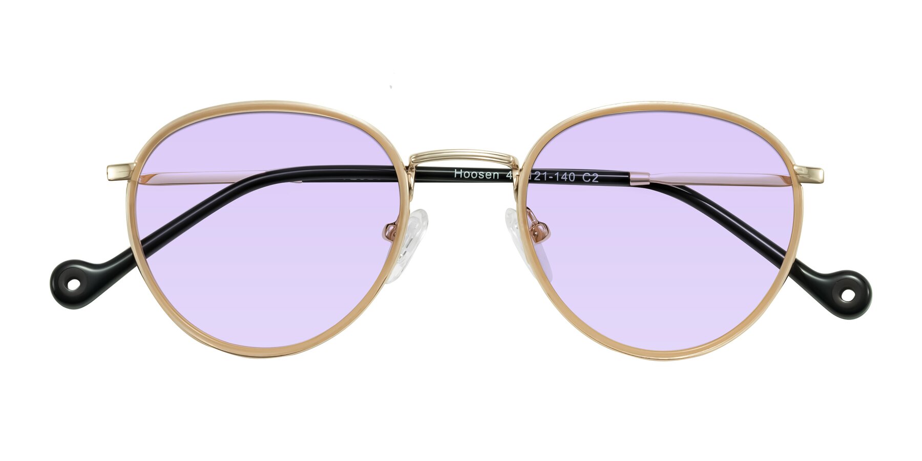 Folded Front of Hoosen in Beige/Gold with Light Purple Tinted Lenses