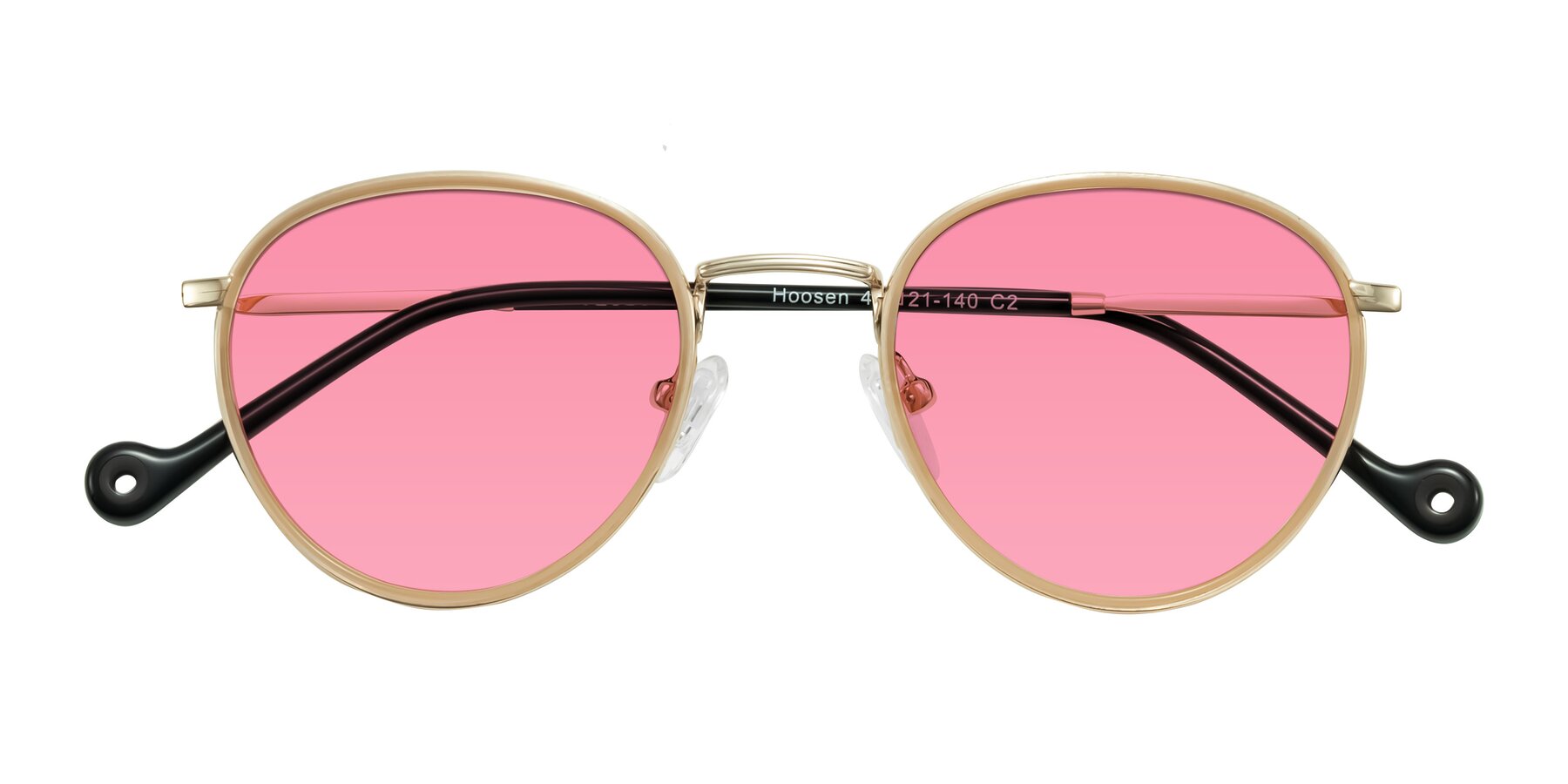 Folded Front of Hoosen in Beige/Gold with Pink Tinted Lenses