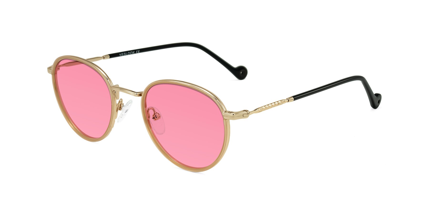 Angle of Hoosen in Beige/Gold with Pink Tinted Lenses