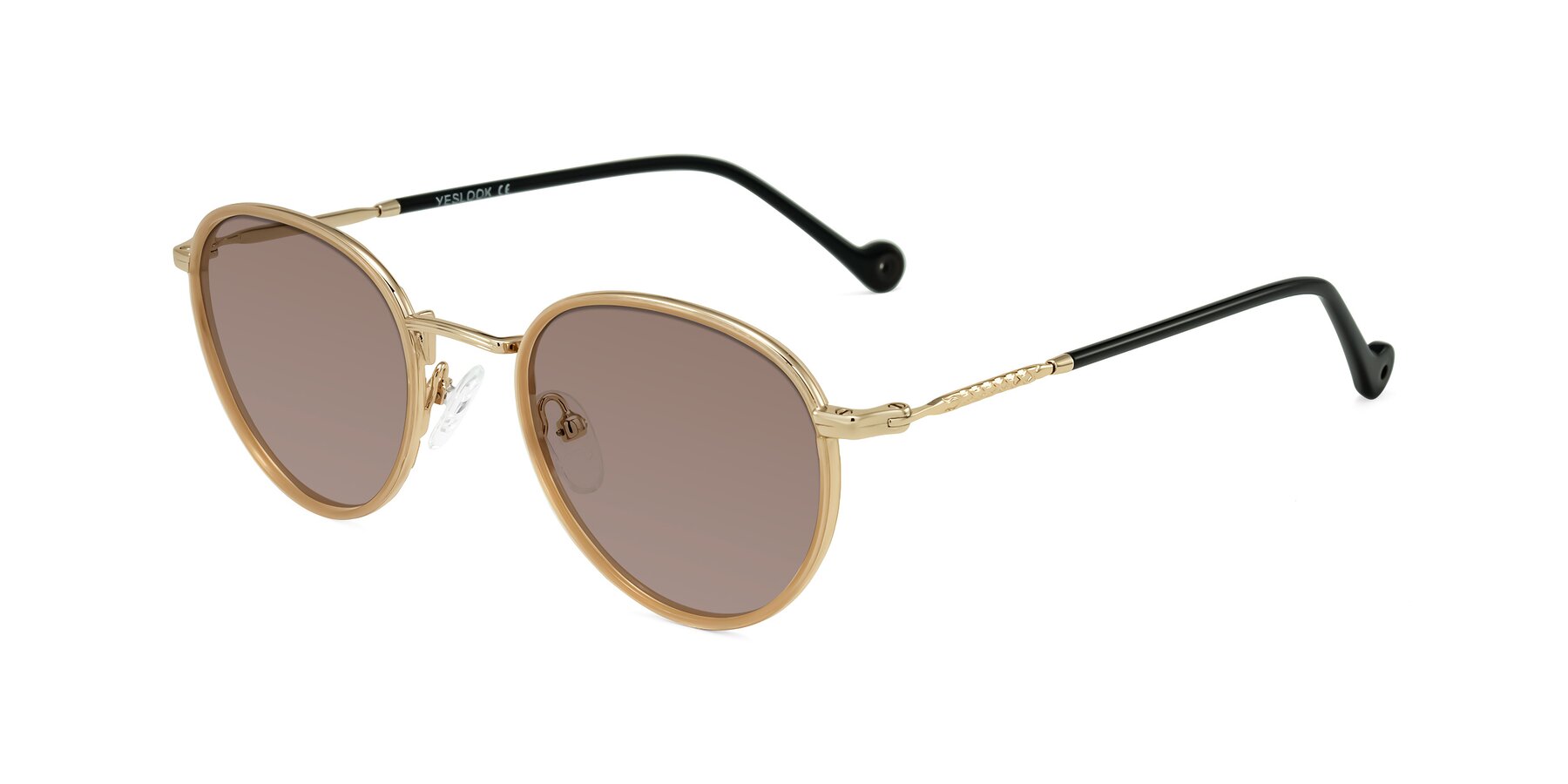 Angle of Hoosen in Beige/Gold with Medium Brown Tinted Lenses